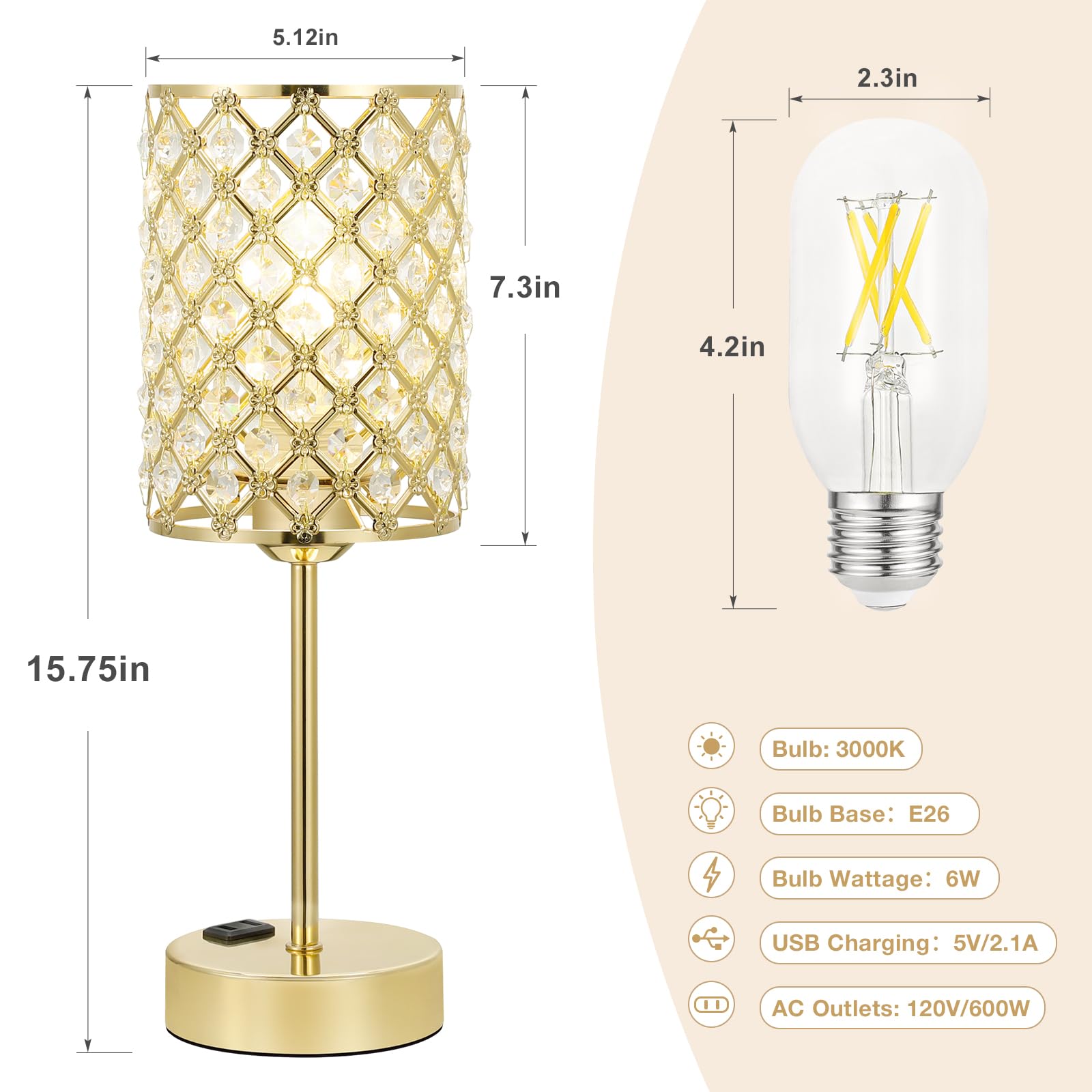 Hong-In Gold Lamp For Nightstand-Crystal Table Lamp With Usb-C+A & Ac Charging Ports, 3-Way Dimmable Nightstand Touch Lamp, Bedside Desk Lamp For Bedroom Living Room Home