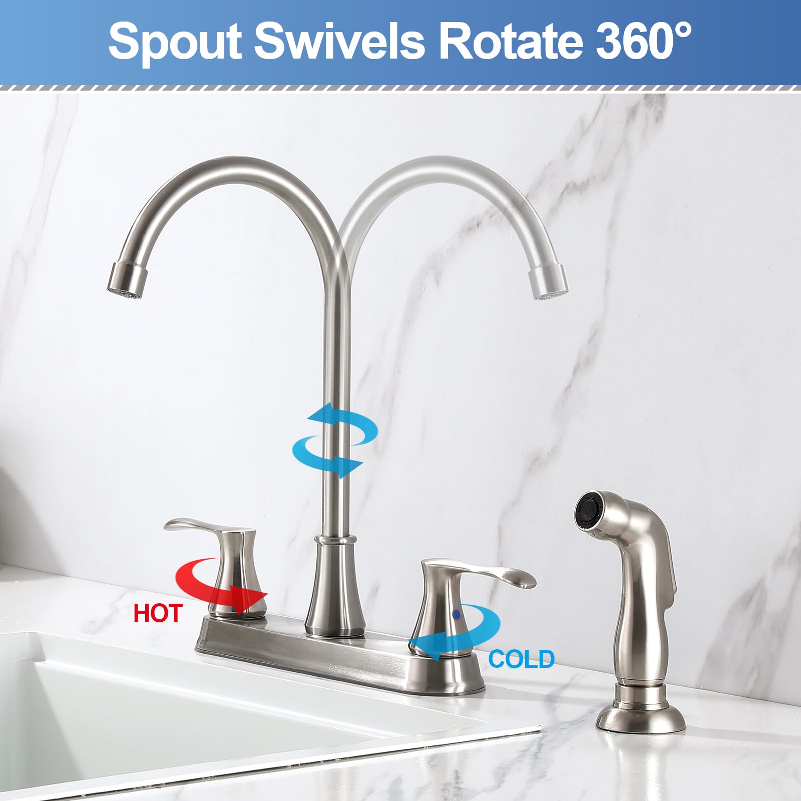 Gcgweqs Kitchen Faucet With Sprayer, Brushed Nickel High Arc 360 Swivel Kitchen Sink Faucet, 3 Or 4 Hole Rv Faucet For Kitchen Sink, Stainless Steel Touch Kitchen Faucet With Side Sprayer