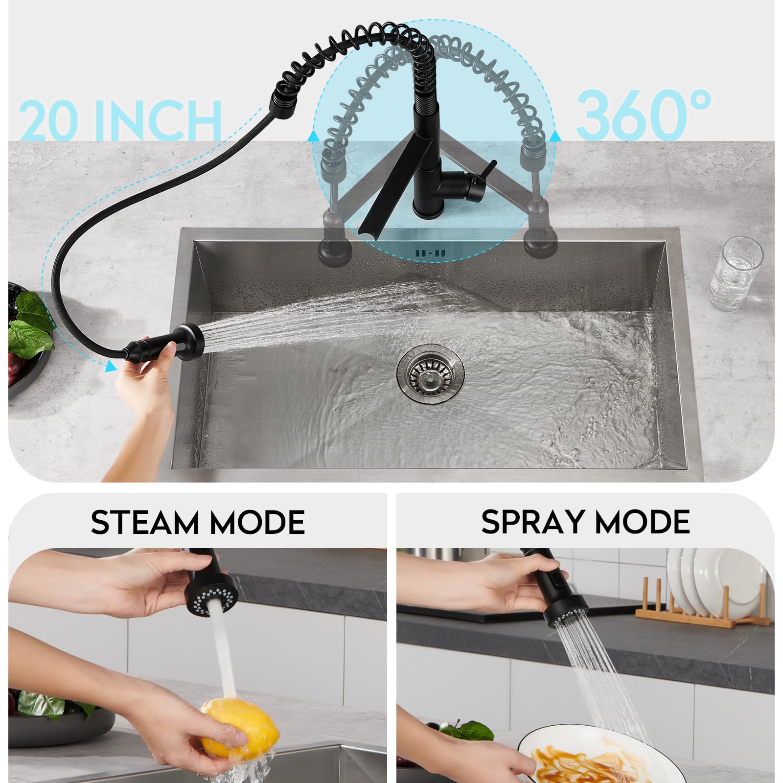Crea Kitchen Faucets With Water Filter Faucet Buil-In,3 Way Drinking Water Faucet For Kitchen Sink,Black Kitchen Faucet With Pull Down Sprayer,Rotatable Spring Gooseneck Stainless Steel Single Handle
