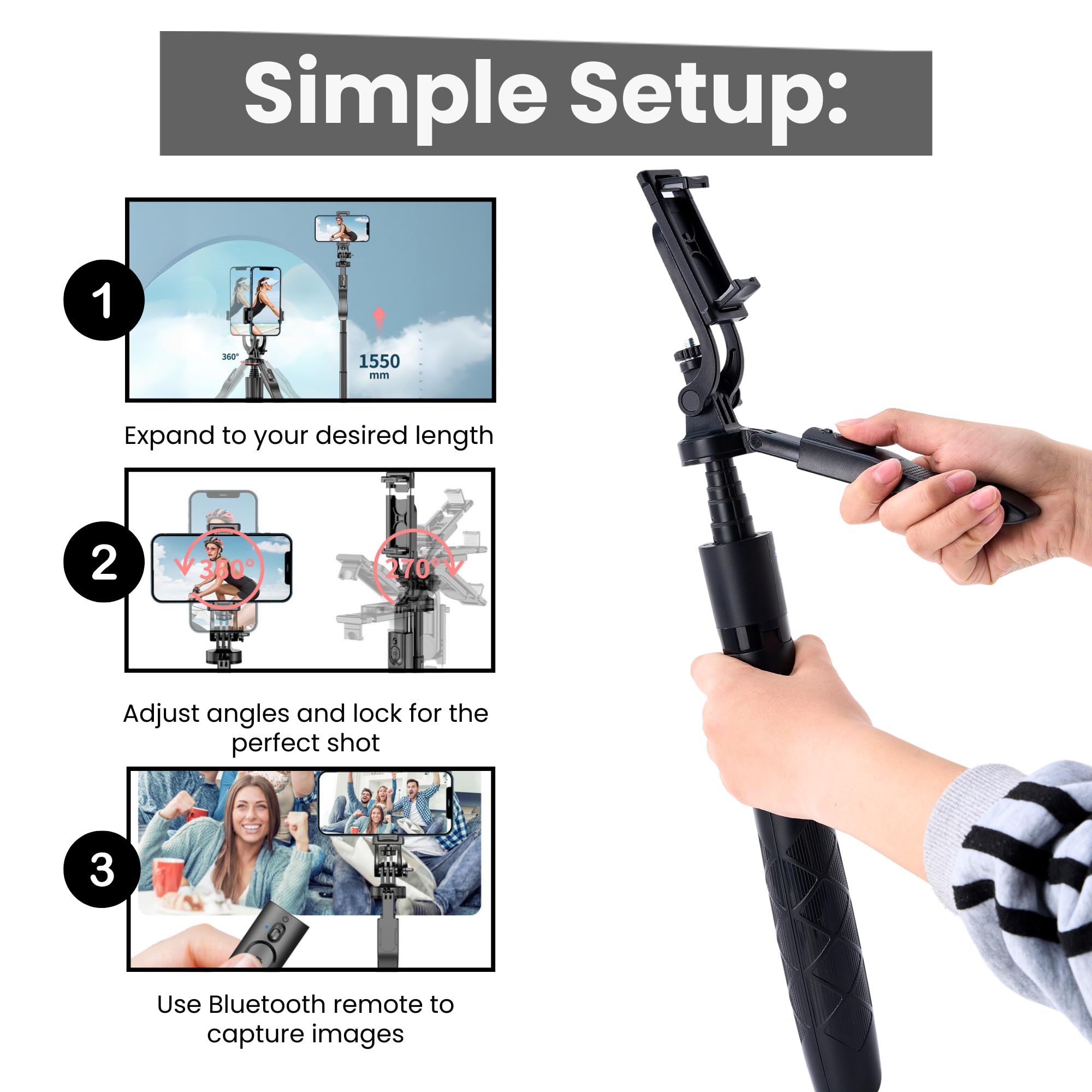 A Good Thing 61" Selfie Stick Tripod With Wireless Remote - 360° Rotating Phone Tripod Stand, Foldable & Portable Design - Compatible With Smartphones, Gopro, Beauty Lights - Travel & Content Creation Essential