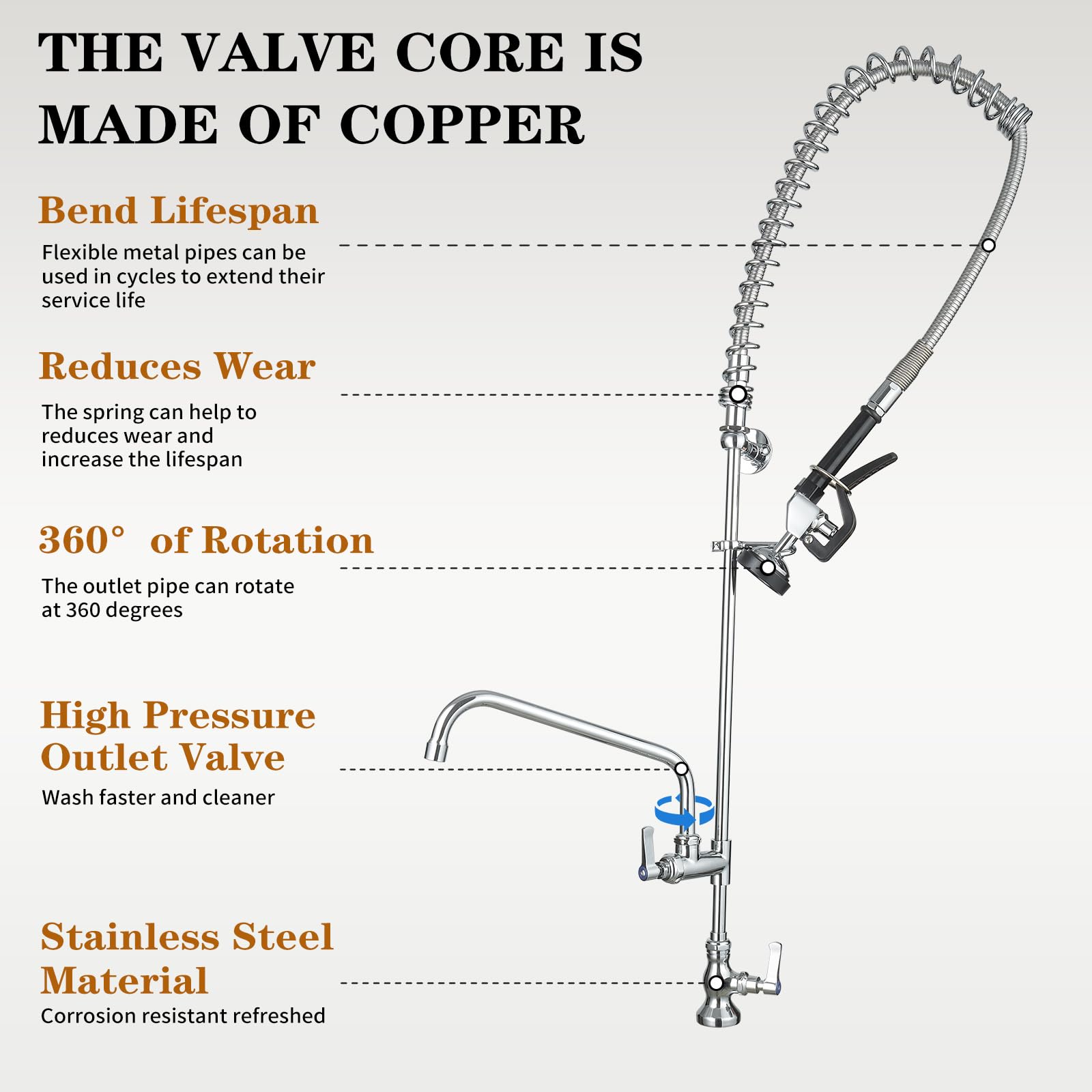 Bathfinesse Commercial Sink Faucet With Sprayer 43" Height Deck Mount 1 Hole Single Handle Coiled Spring Pull Down Spray Pre Rinse Restaurant Kitchen Faucet With High Pressure Spray Valve