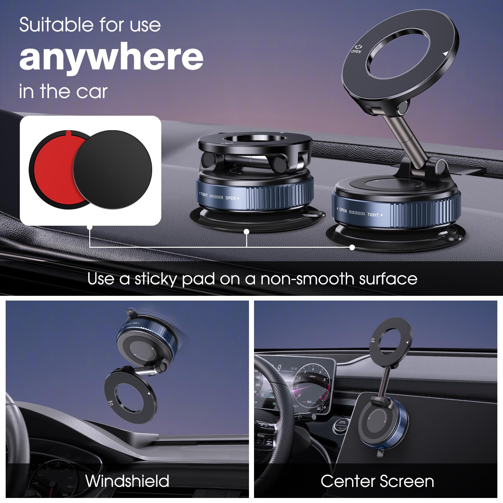 Lunturn 360° Rotatable Vacuum Magnetic Phone Holder, Foldable And Retractable Suction Cup Car Phone Mount For Car/Gym/Mirror/Smooth Surface, Compatible With Iphone Android And All Smartphones (Black)