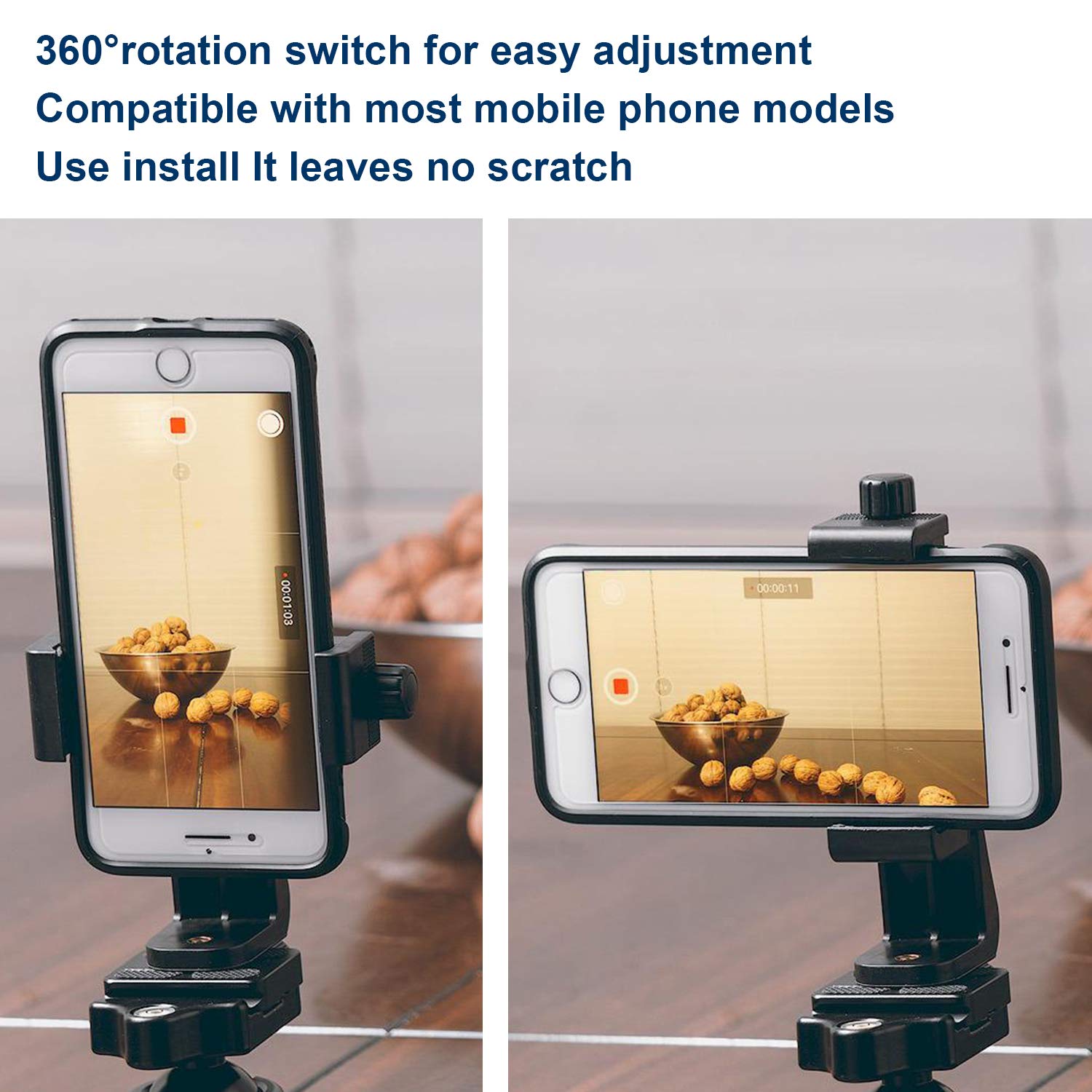 Qieimufhd Universal Smartphone Mount Holder – Compatible With Tripods & Stands (1/4 Inch Screw). Rotates 360° For Vertical & Horizontal Adjustments. Secure Grip For All Phones