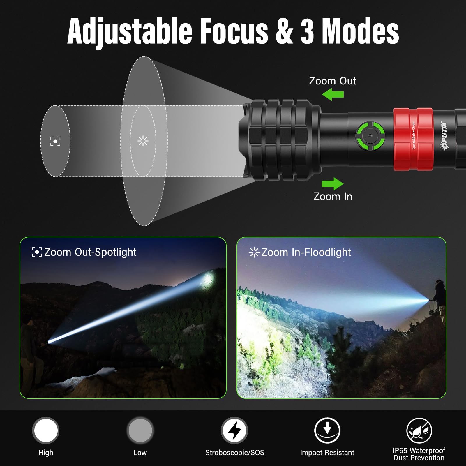 Oputik Portable Rechargeable Handheld Flashlight,Led Powerful Flashlights 1500 High Lumens,Military Grade Emergency Bright Tactical Flashlights Suitable For Home,Outdoor Use (Black+Red, 2 Pack)