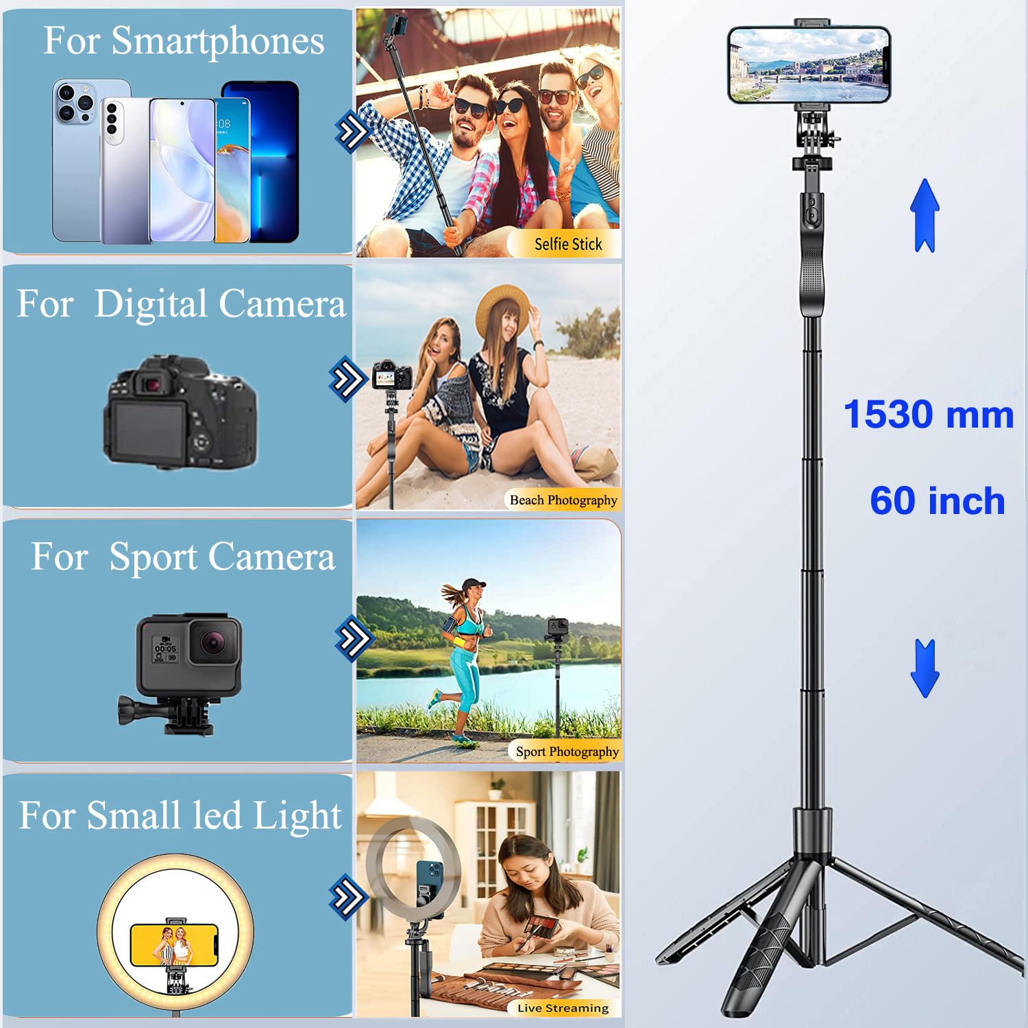 Cevoqin Selfie Stick For Iphone 60" Selfie Stick Tripod With Remote/Travel Tripod For Iphone/Selfie Stick With Phone Stand, Portable&Lightweight Aluminum Cell Phone Stand Small Tripod For Camera,Light,Webcam