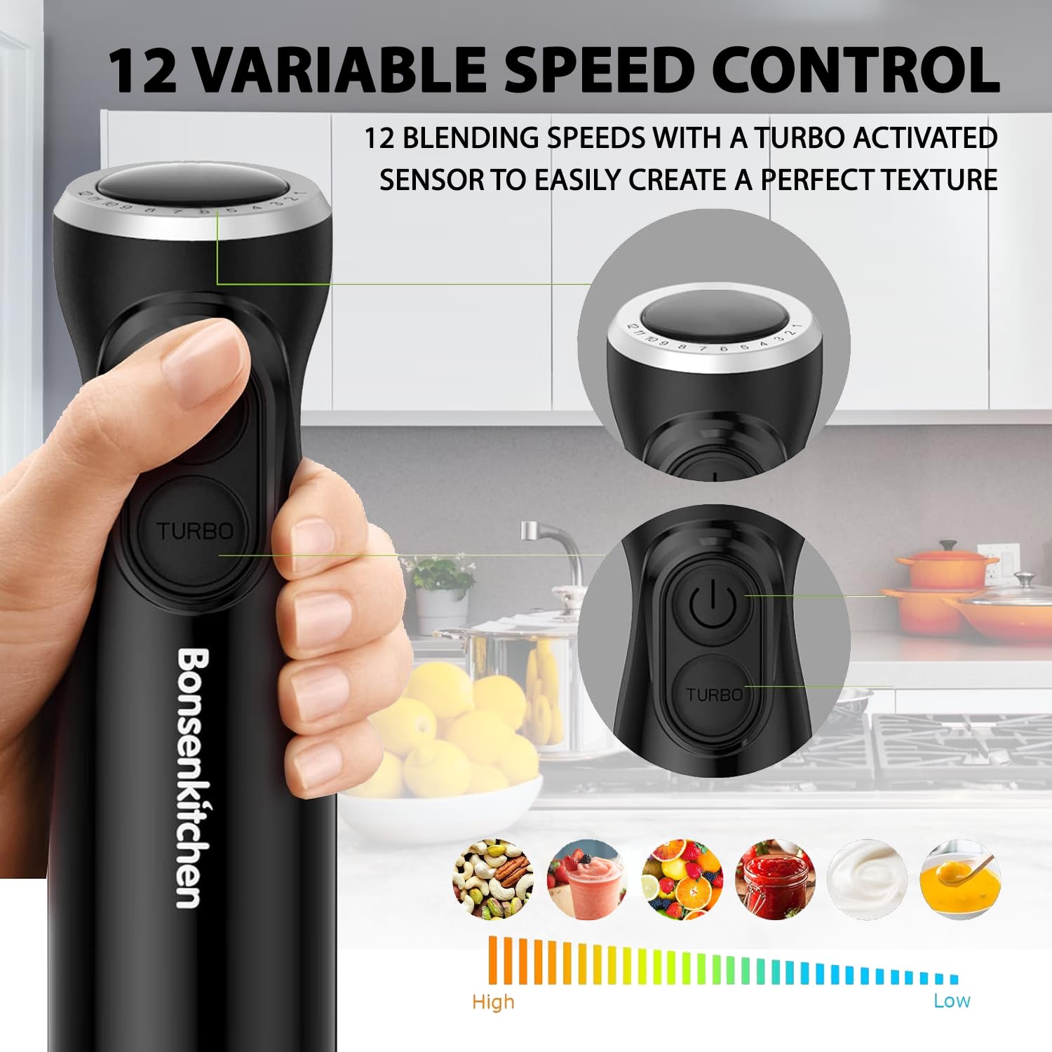 Bonsenkitchen Immersion Blender, 12-Speed & Turbo, Electric Stick Blender With Sharp Blades, Egg Whisk, 24Oz Beaker, Perfect For Soups, Smoothies, Sauces, Easy Clean, Versatile