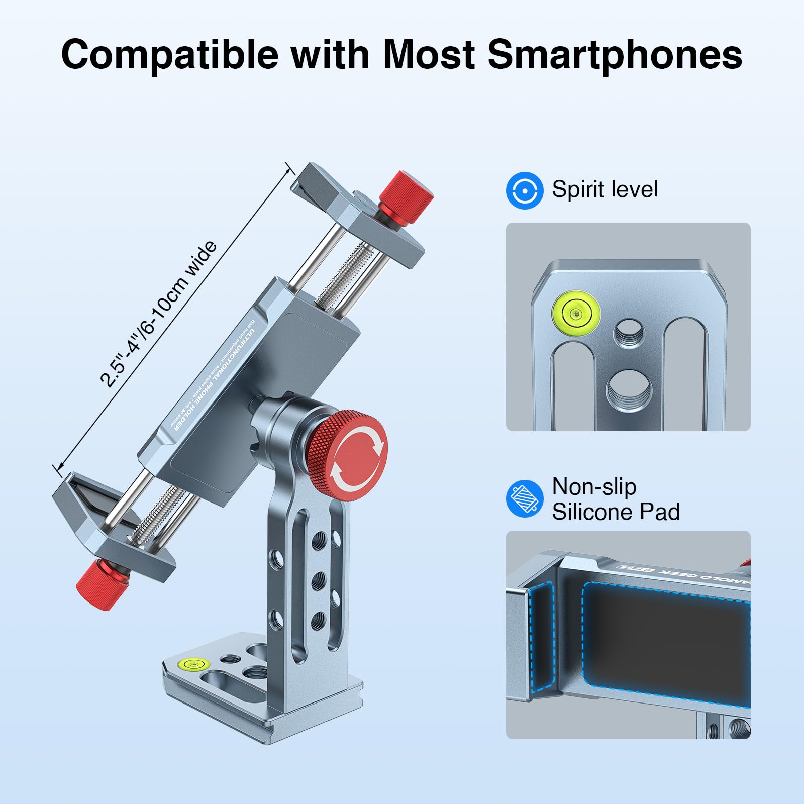 Camolo Geek Phone Tripod Mount Aluminum Alloy, 360° Rotatable Phone Stand Holder Clamp With Cold Shoe And Arca Base Compatible With Iphone 15 Pro Max Galaxy S24 Ultra Pixel & 2.5"-4" Wide Smartphones
