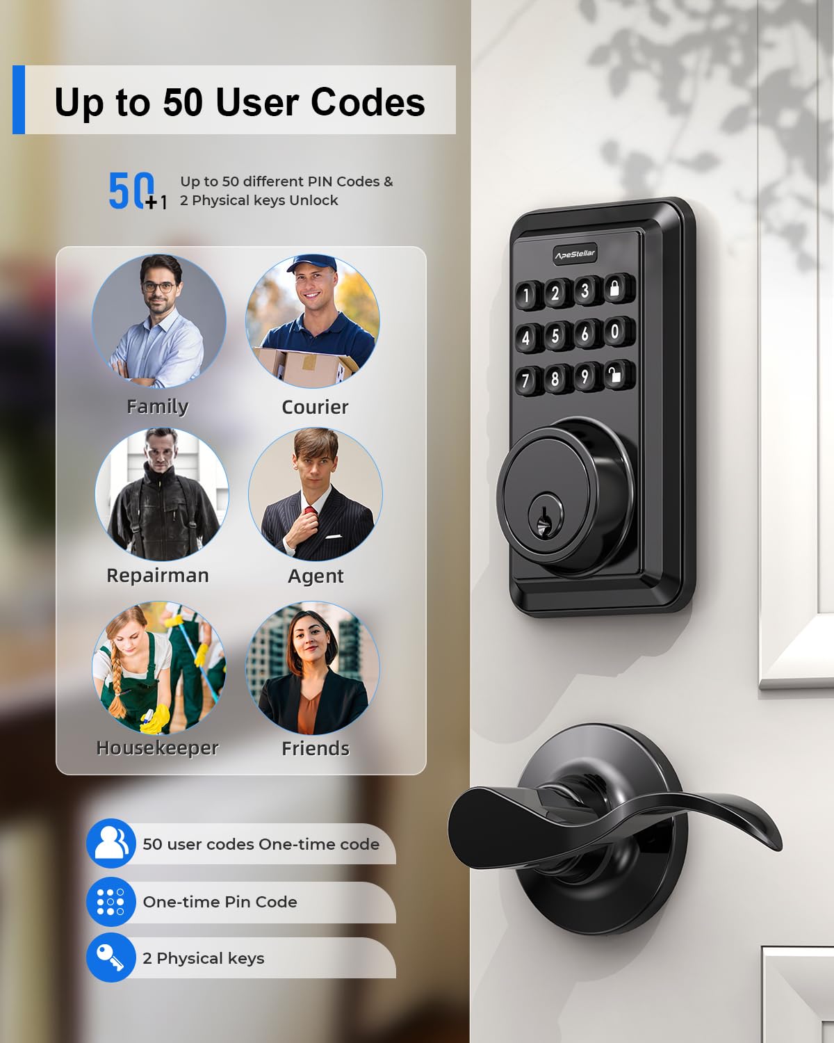 Apestellar Keyless Entry Door Lock With 2 Lever Handles - Electronic Keypad Deadbolt - Front Door Lock Handle Sets - Auto Lock, Anti-Peeking Password, Easy Installation - Matte Black