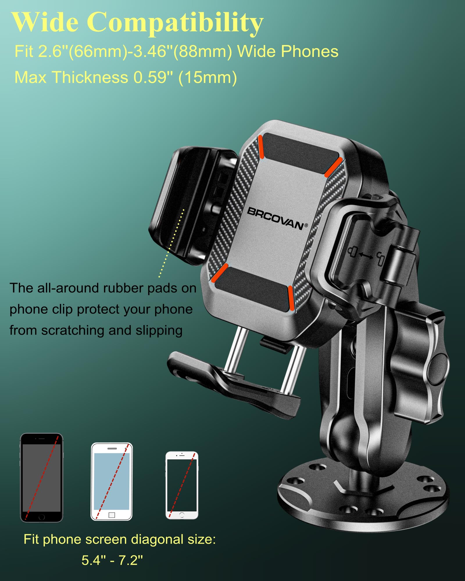 Brcovan Anti-Theft Phone Mount Holder With Vibration Dampener [Camera Friendly] [1S Lock & Release] With Aluminum Round Base & Medium Arm, For Car Boat Truck Motorcycle Utv, Fit 5.4-7.2'' Smartphones