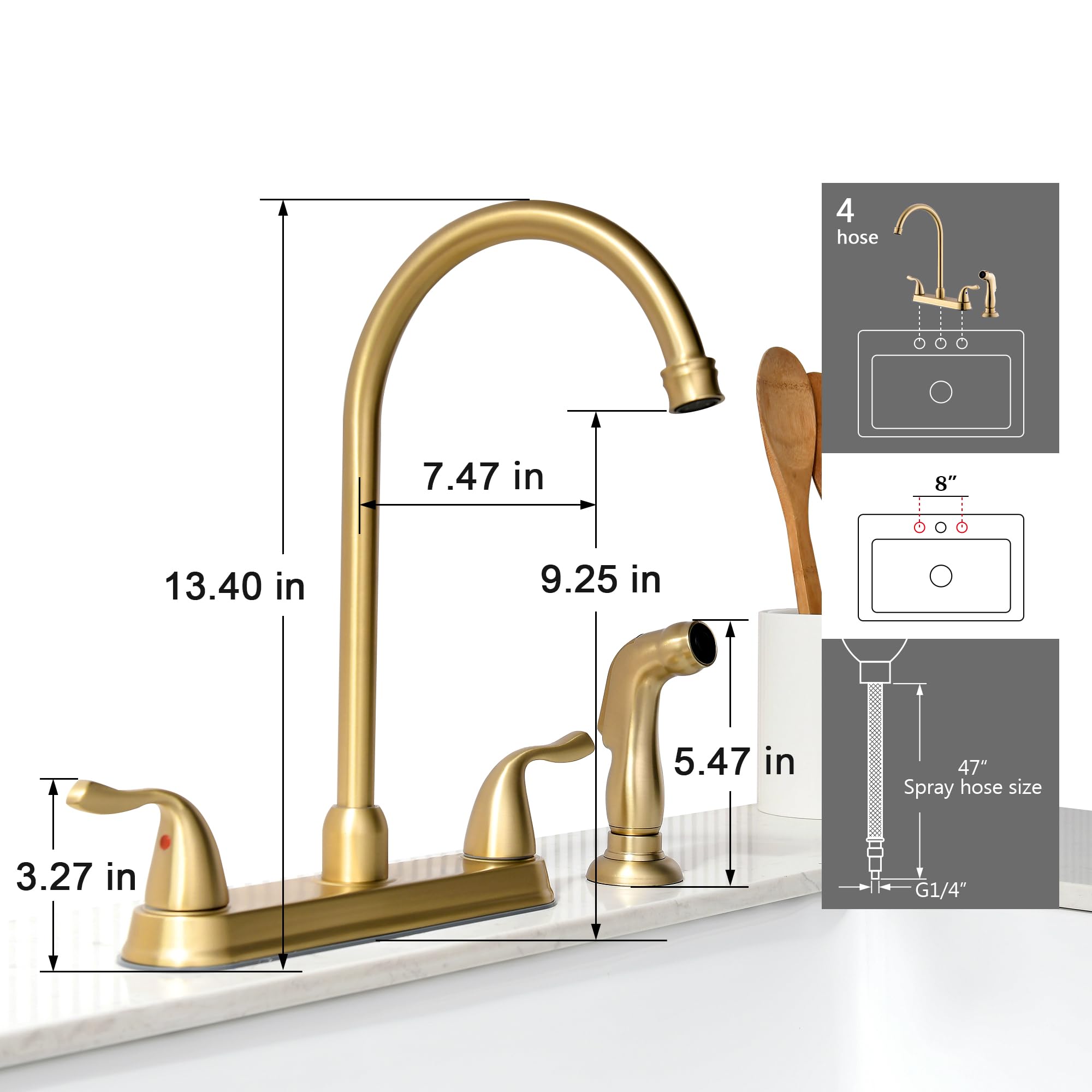 Fropo Gold Kitchen Faucet With Side Sprayer - 2 Handle 8 Inch 3 Or 4 Hole Modern Brass Matte Gold Faucet Set With High Pressure Sprayer & Supply Lines