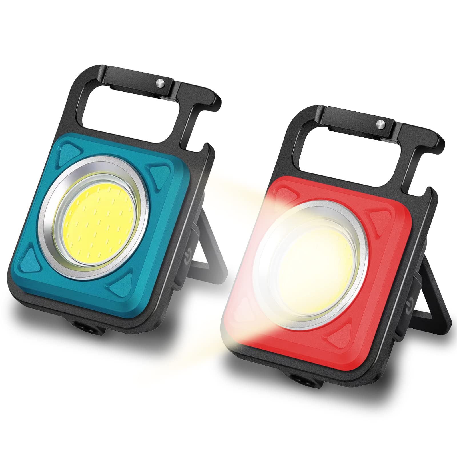 Wefun Cob Small Flashlights 1000 Lumens, Mini Keychain Work Light With 4 Modes, Rechargeable Waterproof Portable Led Flashlight Magnet Base For Hiking, Survival, Emergency (2 Pack) Red & Blue