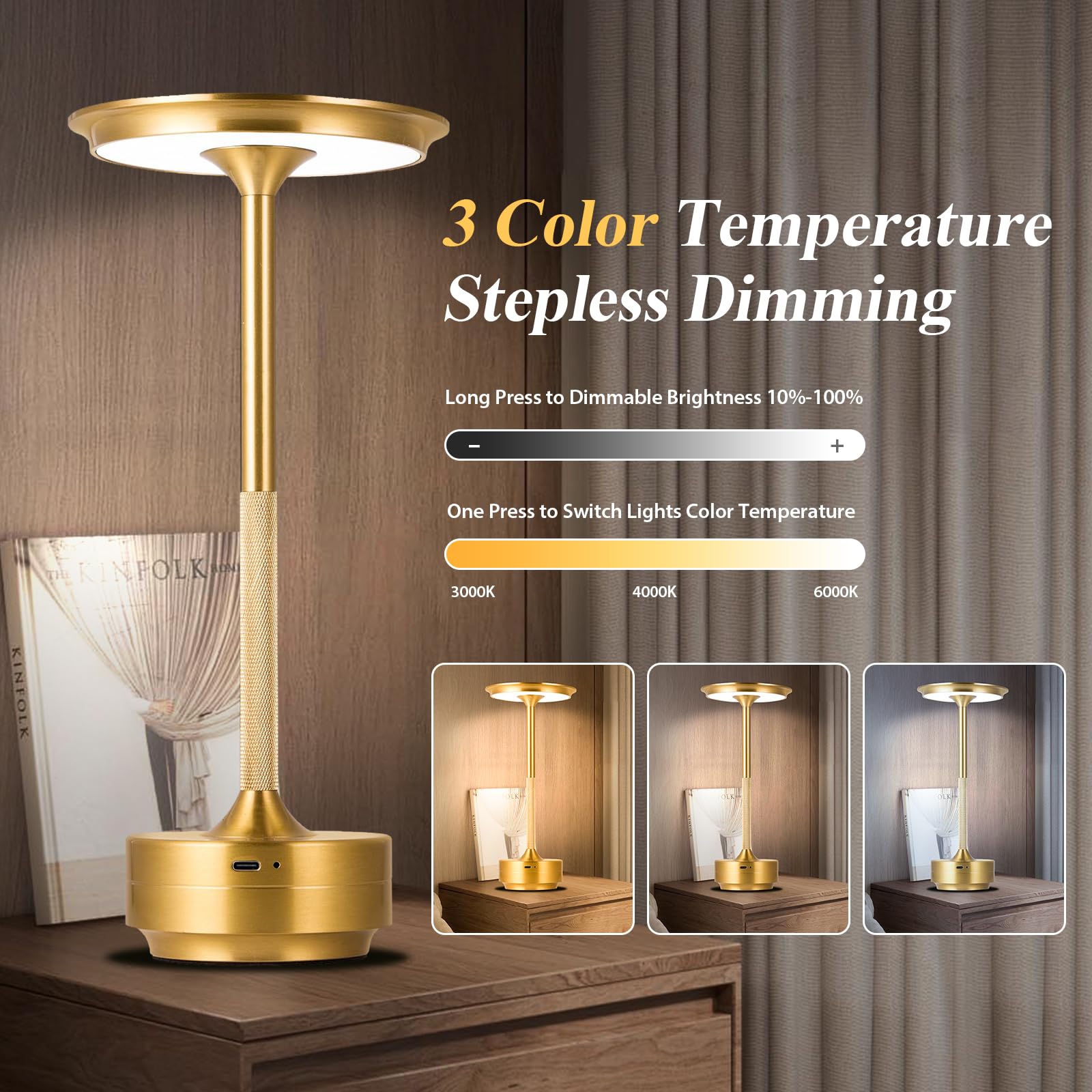 Jdvads Cordless Table Lamps 2 Pack Rechargeable, Portable 5000Mah Battery Table Light,3 Color Stepless Dimming Led Table Light, For Outdoor/Dinner/Patio/Restaurant（Gold）