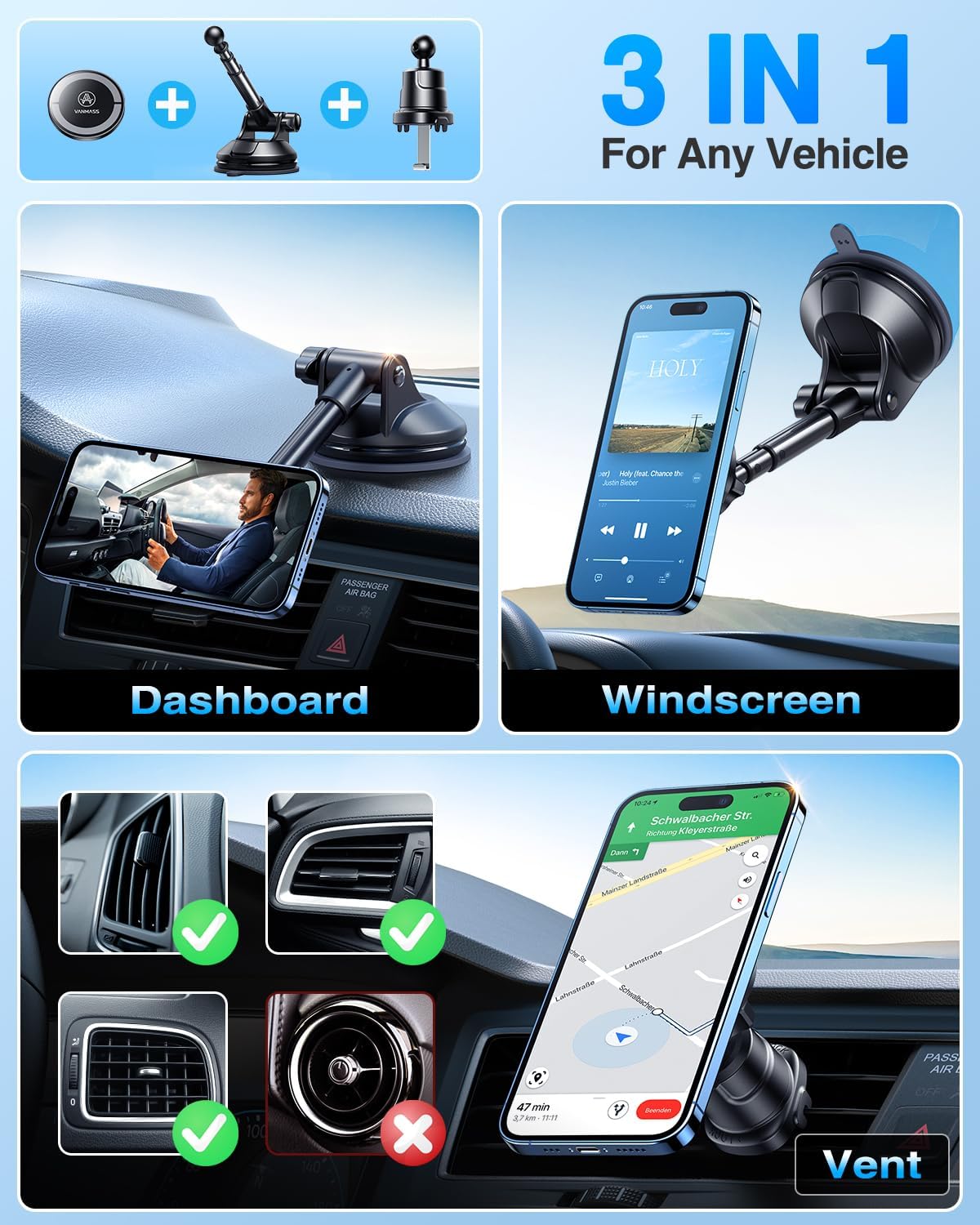 Vanmass [Military-Grade]For Magsafe Car Mount [  Strongest Magnets] Magnetic Phone Holder Suction Cell Stand For Dashboard Windshield Vent,Truck Cradle For Iphone 16 15 14 13 12 11 Android