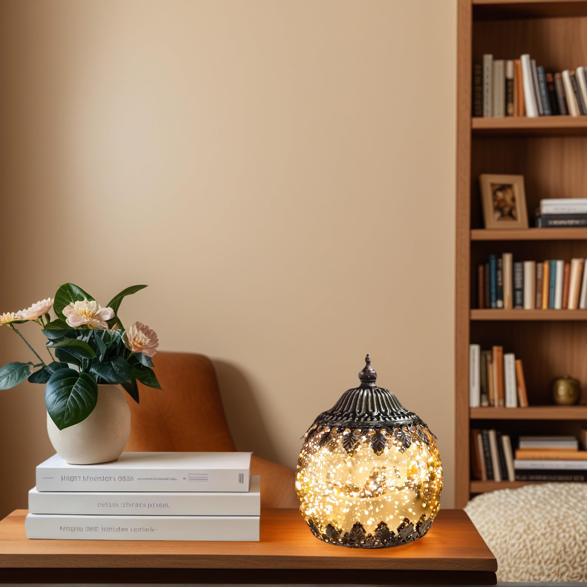 Auron Decorative Atmosphere Lamp Vitage Table Lamp Night Light Battery Powered Bedside Lamp Round Ambient Lighting Lantern (Gold)