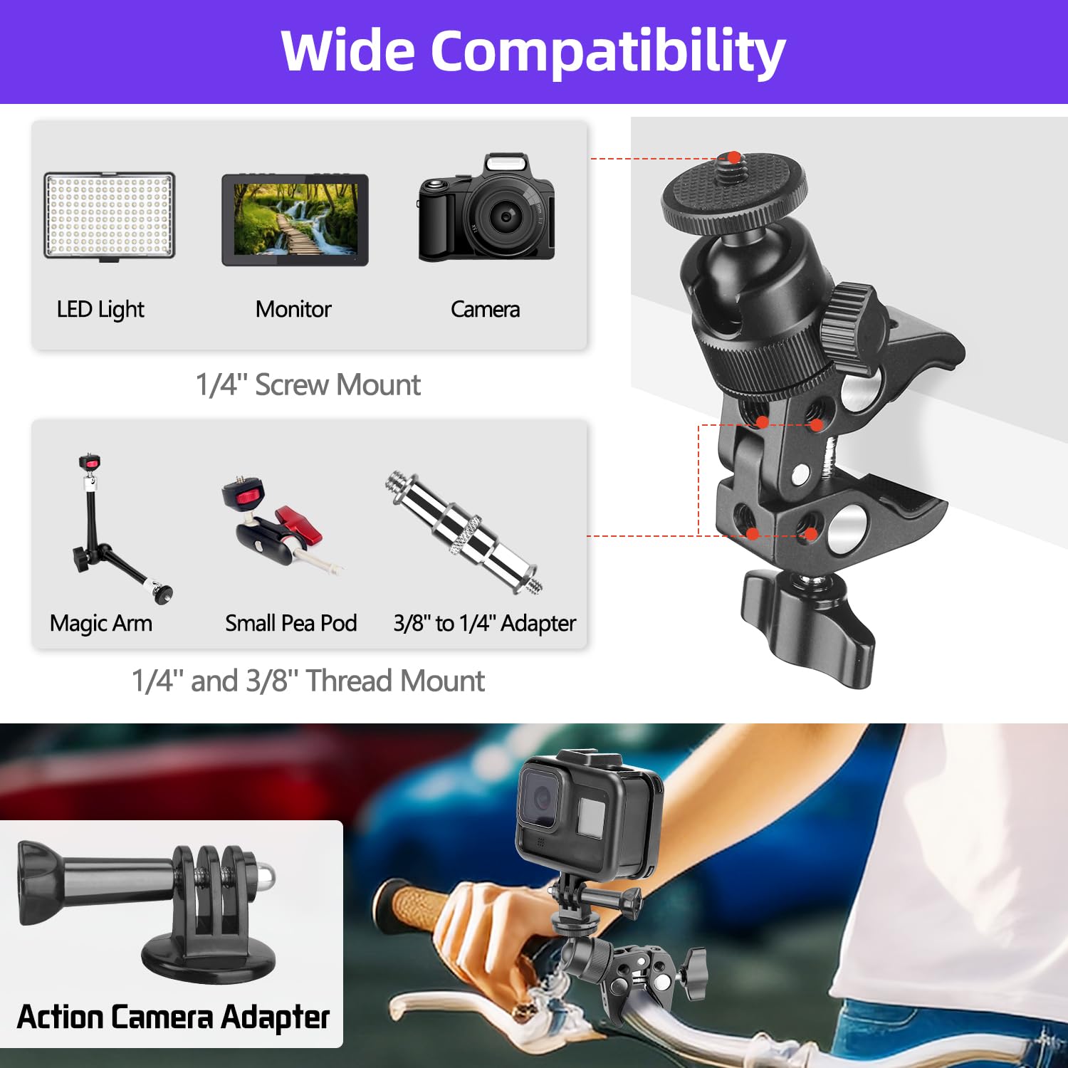 Jinsui Super Clamp Camera Mount With 360° Ball Head, Action Camera Adapter, 1/4"-3/8" Thread, 6.6 Lb/3 Kg Load-Bearing Motorcycle Bike Bicycle Pole Tube Tripod Desk Camera Mount For Light Insta360 Dslr