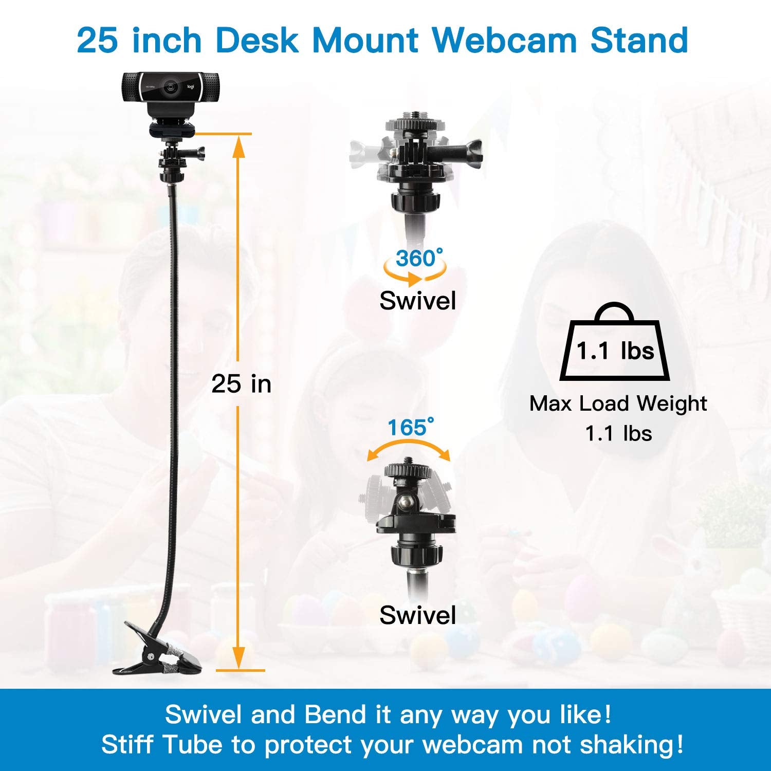 Pipishell 25 Inch Webcam Stand, Flexible Desk Mount Clamp Gooseneck Stand For Logitech Webcam C960 C930E C930 C920 C920S C922X C922 Brio 4K C925E C615 And Other Devices With 1/4" Thread-Piws01