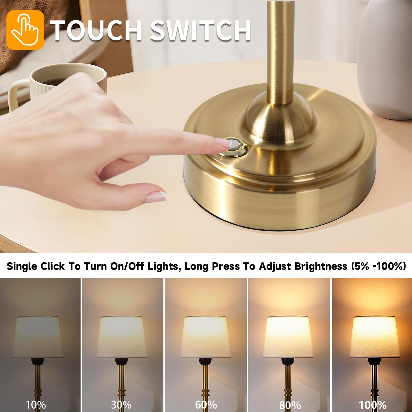 Pinrutar Portable Cordless Table Lamp, Usb Rechargeable 6000Mah Battery Operated Lamps With Flaxen Fabric Shade, 3000K Led Touch Dimmable Bedside Lamp, Small Night Light, Gold Brass