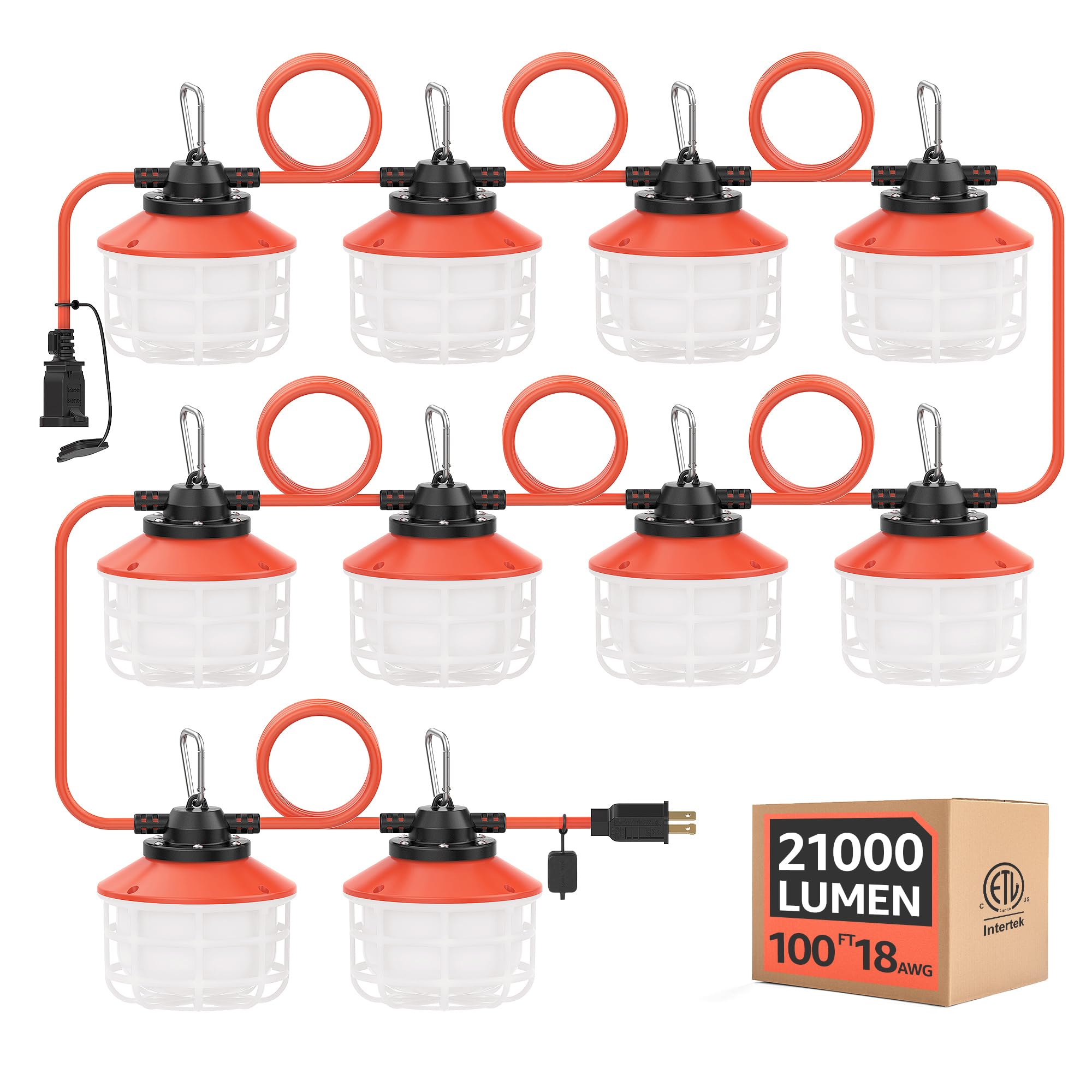 Omlite 100Ft Construction String Lights：150W 21000Lm Linkable Super Bright Led String Work Lights For Construction Sites Temporary Work Jobsite Ip65 Waterproof 18Awg Wire Work Light With Cage