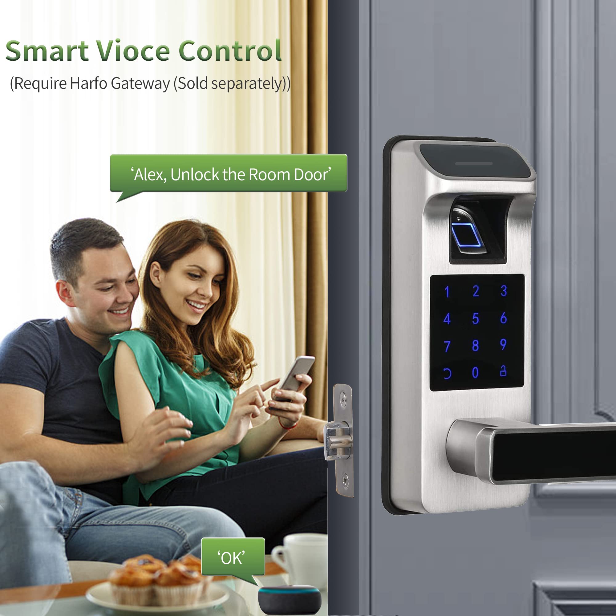 Harfo Smart Door Lock, Heavy Duty 5 In 1 Keyless Entry Door Lock, Full App Control Digital Keypad Lock, Reversible Handle With Fingerprints And Passcodes For Family/Office/Apartment (Satin Nickel)