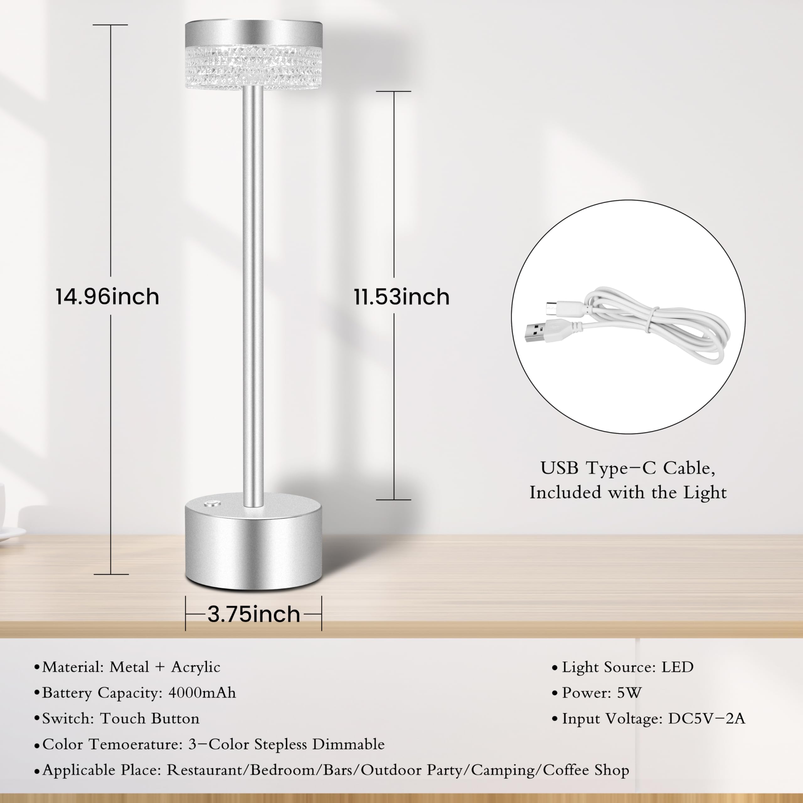 Xermei Cordless Battery Powered Led Table Lamp,3 Color Portable Rechargeable Desk Lamp,Minimalist Design Metal Table Lamps With Touch Control,For Living Room/Restaurants/Bars/Camping(Silver)………