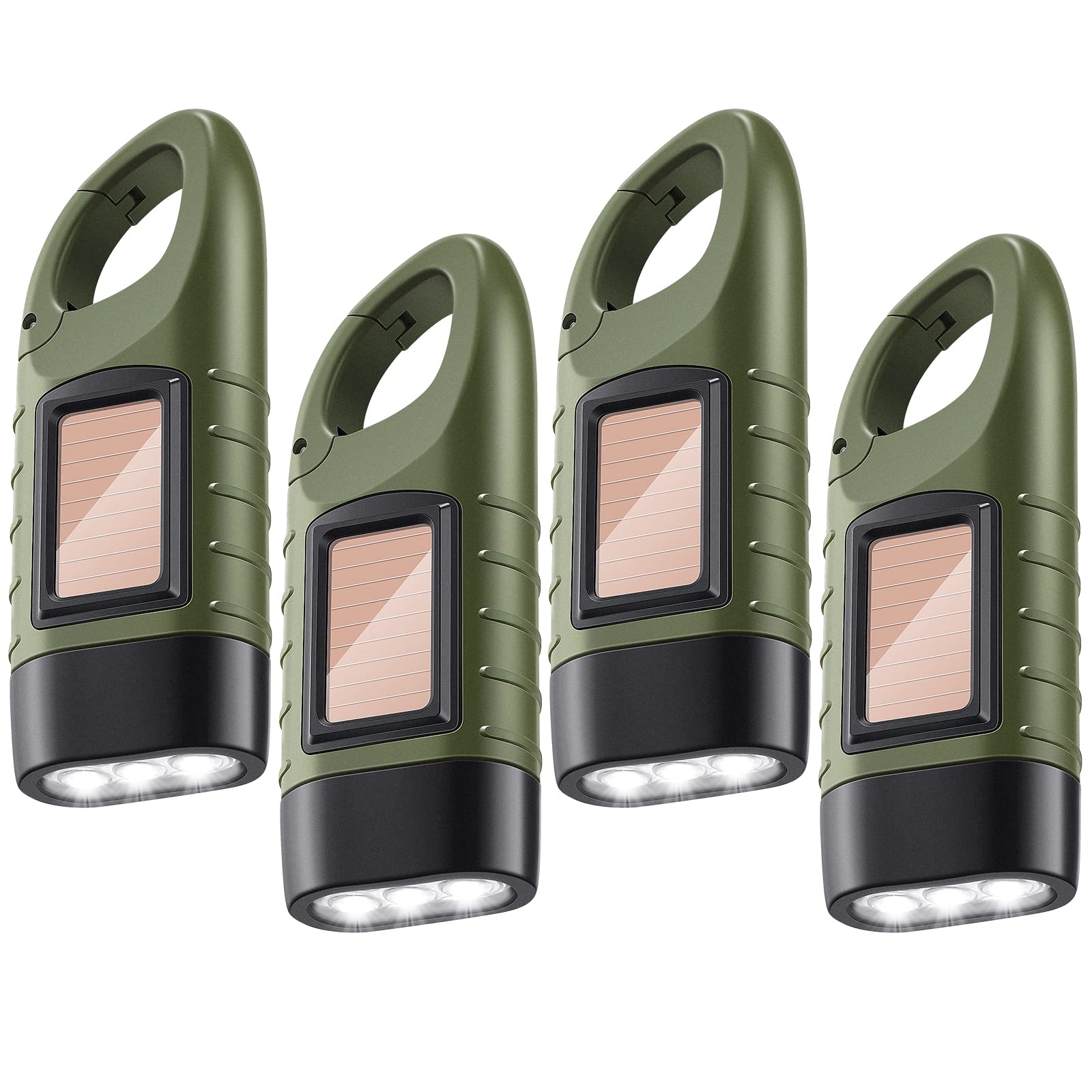 Oudain 4 Pieces Hand Crank Solar Powered Flashlight Led Rechargeable Flashlight Survival Emergency Hand Crank Lantern Snap Carabiner Torch For Outdoor Sports Camping Hiking