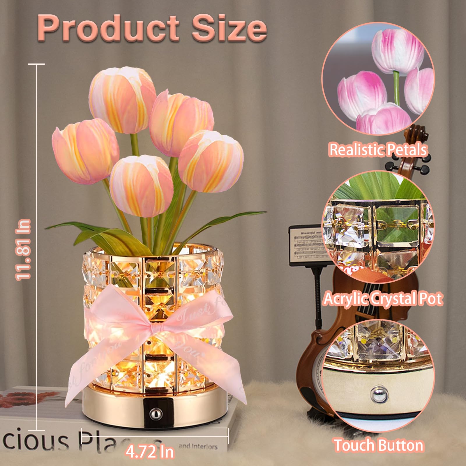 Strackvial Tulip Flower Lamps, Rechargeable Cordless Small Desk Lamp, 3 Colors Dimmable Artificial Flowers Night Light, Fake Bouquet 5 Tulip With Crystal Vase For Home Date Party Decoration (Tulip-Pink)