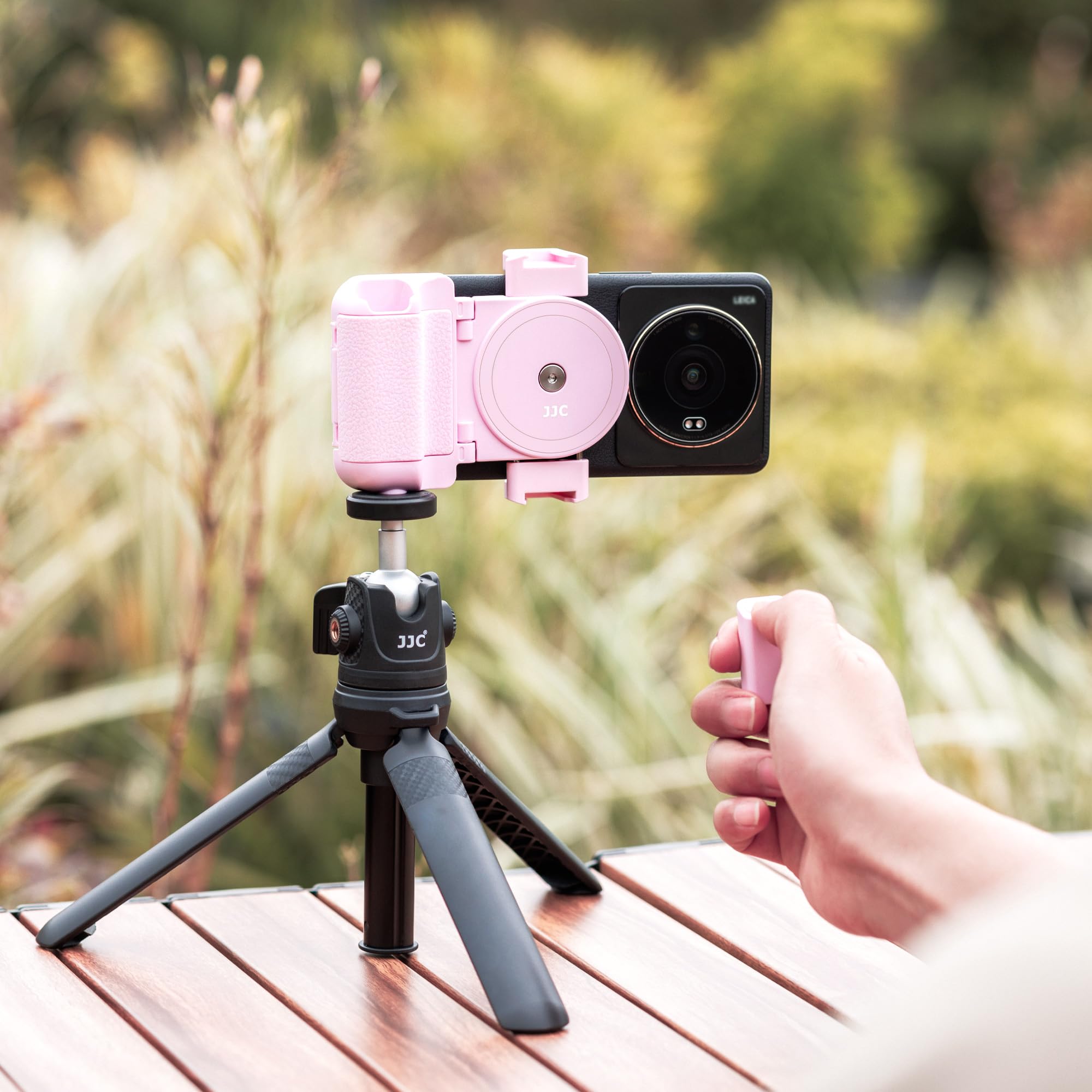 Kiorafoto Phone Camera Grip Smartphone Photography Shooting Clip With Tripod Mount & Detachable Wireless Shutter Remote Control, Phone Selfie Grip Handle Stand For Iphone Samsung Android Phone Vlog Video Pink