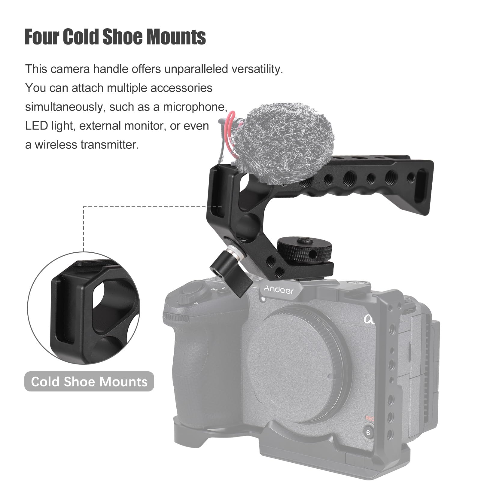 Sunydog Universal Top Handle Camera Top Handgrip With 4 Cold Shoe Mounts Arri Positiong Hole 1/4In And 3/8In Threaded Holes Compatible With Camera Cage Sports Camera For Vlogging Live Streaming