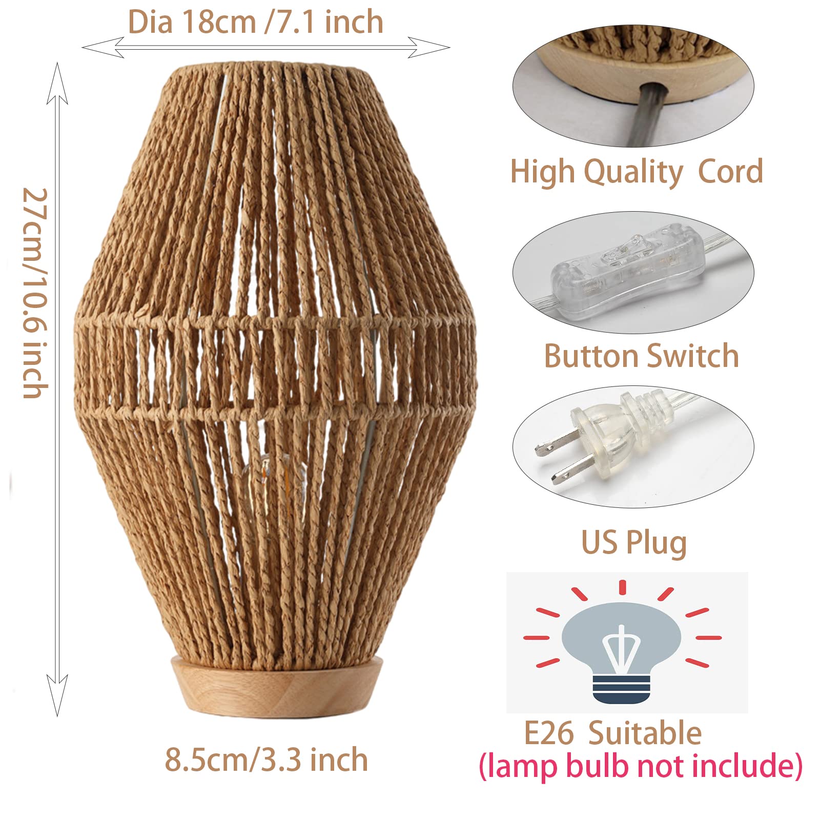 Sainsbarry Boho Table Lamps For Bedroom & Living Room - Small Natural Woven Basket Lanterns With Paper String Shades