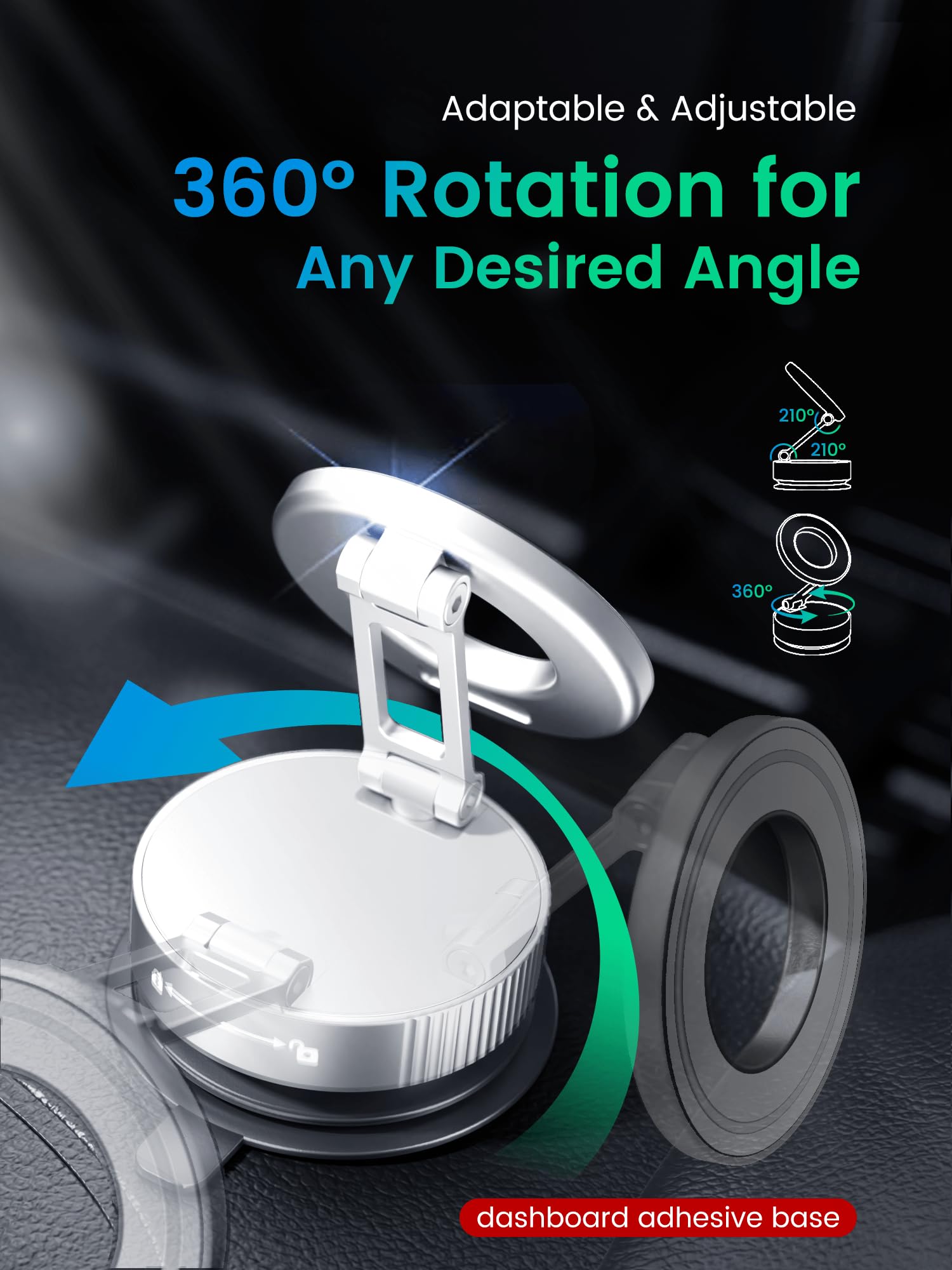 Hohosb Vacuum Magnetic Phone Holder For Magsafe,Foldable Metal Suction Cup Phone Mount,360° Rotatable Phone Mount For All Smartphones & All Car Models-Silver