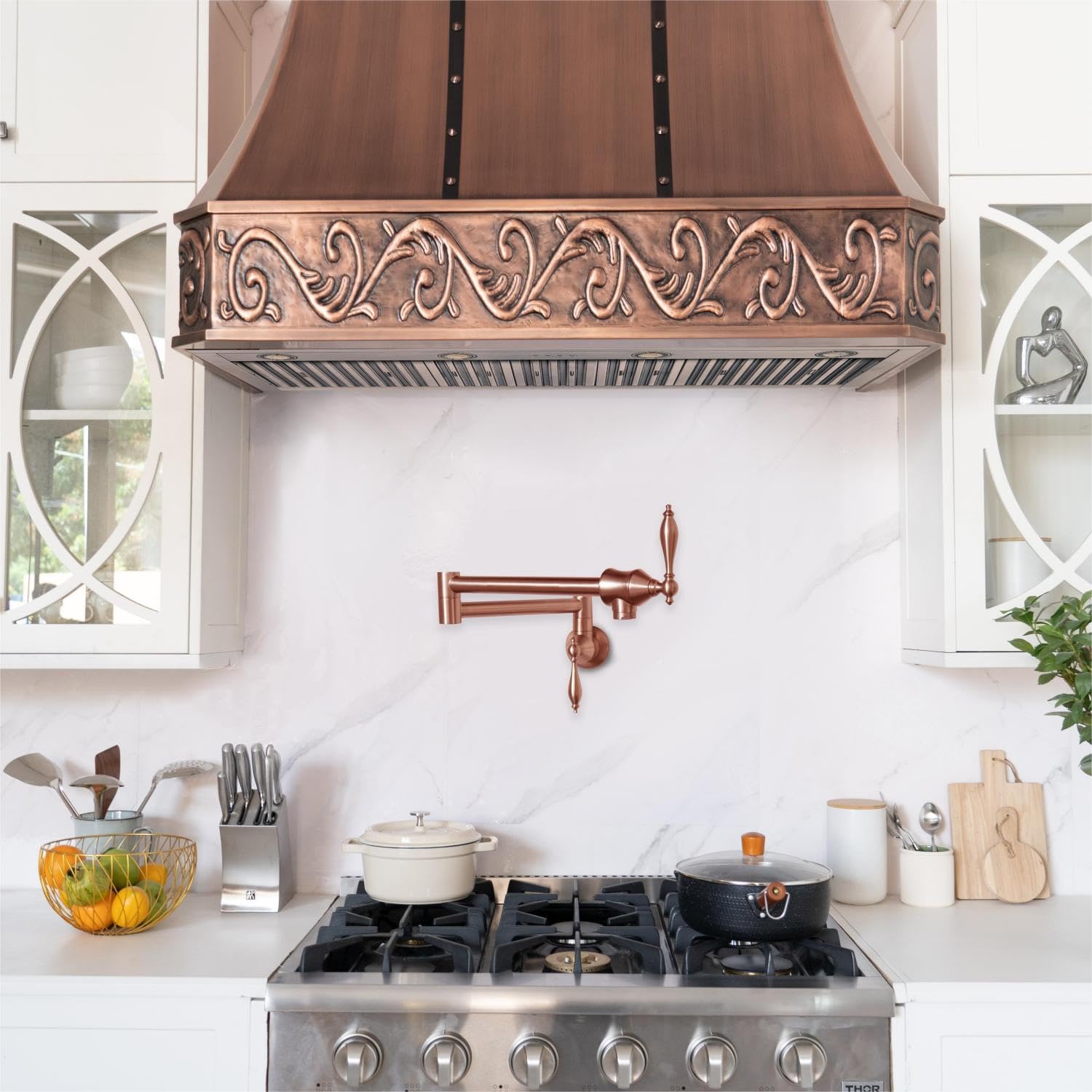 Sinda Pot Filler Kitchen Faucet Kitchen Sink Faucet Wall Mount Solid Brass Double Joint Swing Arm Folding Kitchen Faucets With Single Hole Two Handles, Brushed Copper
