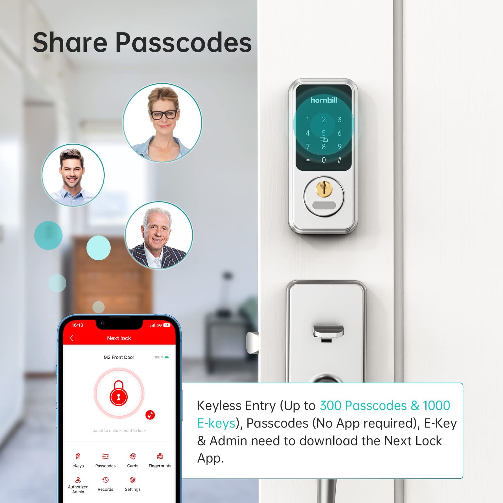 Hornbill Smart Front Door Locks Deadbolt: Keyless Entry Door Lock, Electronic Digital Door Lock With Keypad, Bluetooth Smart Deadbolt App Control, Auto Lock For Homes And Hotel