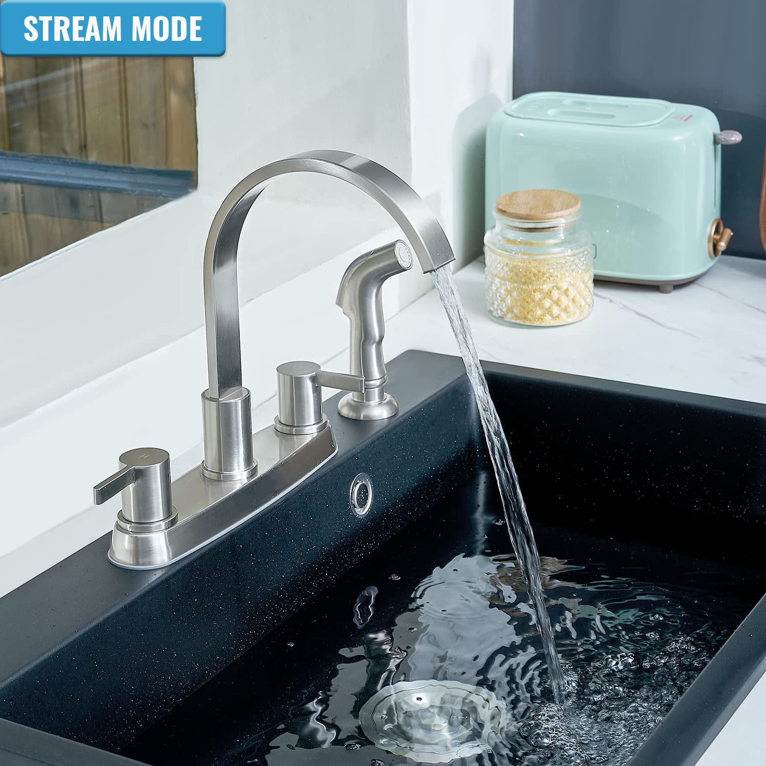 Rainmax Kitchen Faucet With Sprayer, Brushed Nickel Stainless Steel Kitchen Sink Faucet With Side Sprayer, 3 Hole Or 4 Hole Faucet For Kitchen Rv Laundry Utility Sink Kmf027L-5