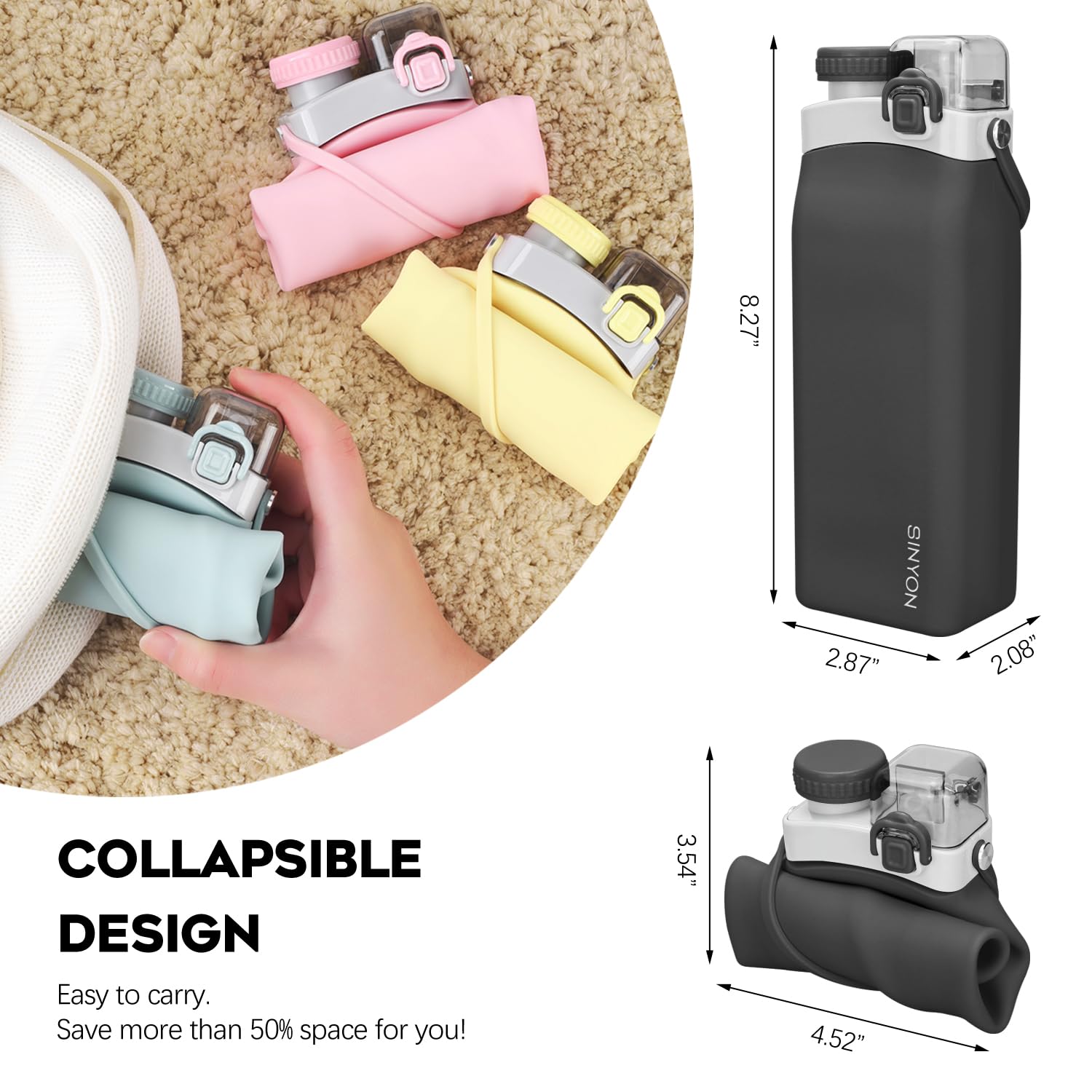 Collapsible Water Bottles, 20Oz Silicone Reusable Water Bottle With Straw And Strap, Leakproof Fold