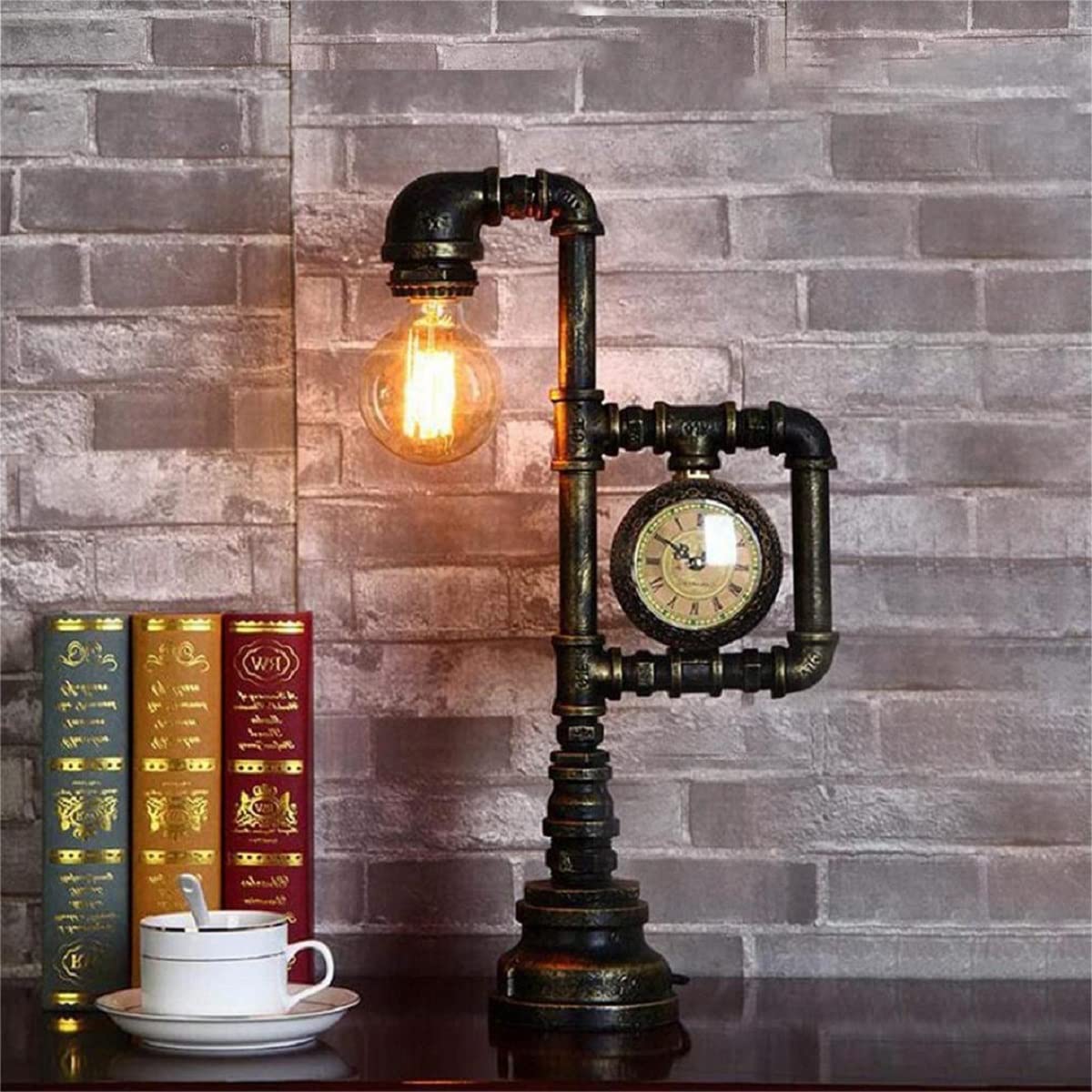 Tfcfl Retro Water Pipe Table Lamp For Bedroom, Vintage Steampunk Desk Lamp With Clock Plug-In Table Lamp Light Nightstand Lamp E26 60W Max For Living Room