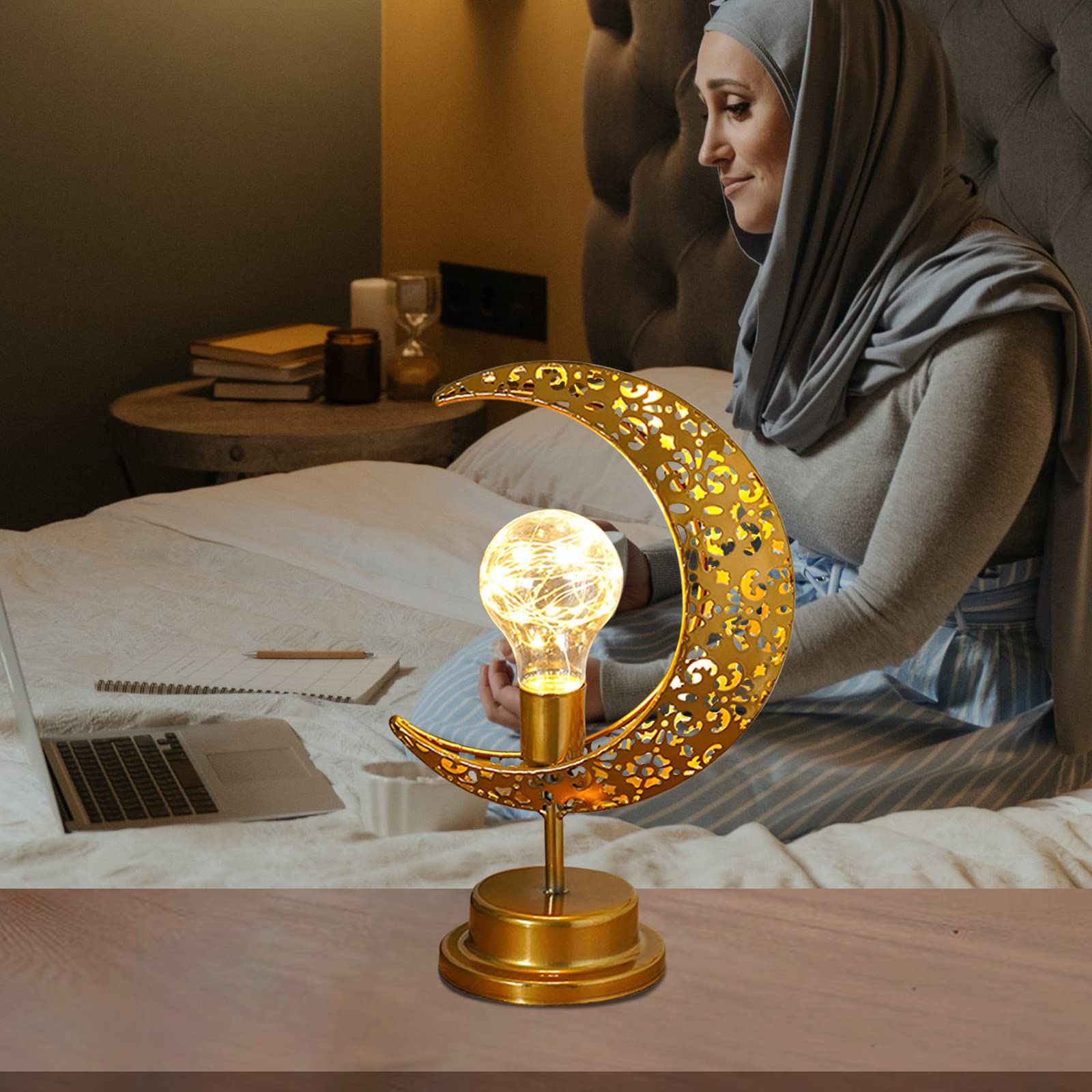 Nfnsig Vintage Moon Star Table Lamp, Metal Frame Ramadan Desk Lamp Battery Powered Mosaic Crescent Bohemian Handmade Bedside Light For Living Room, Bedroom