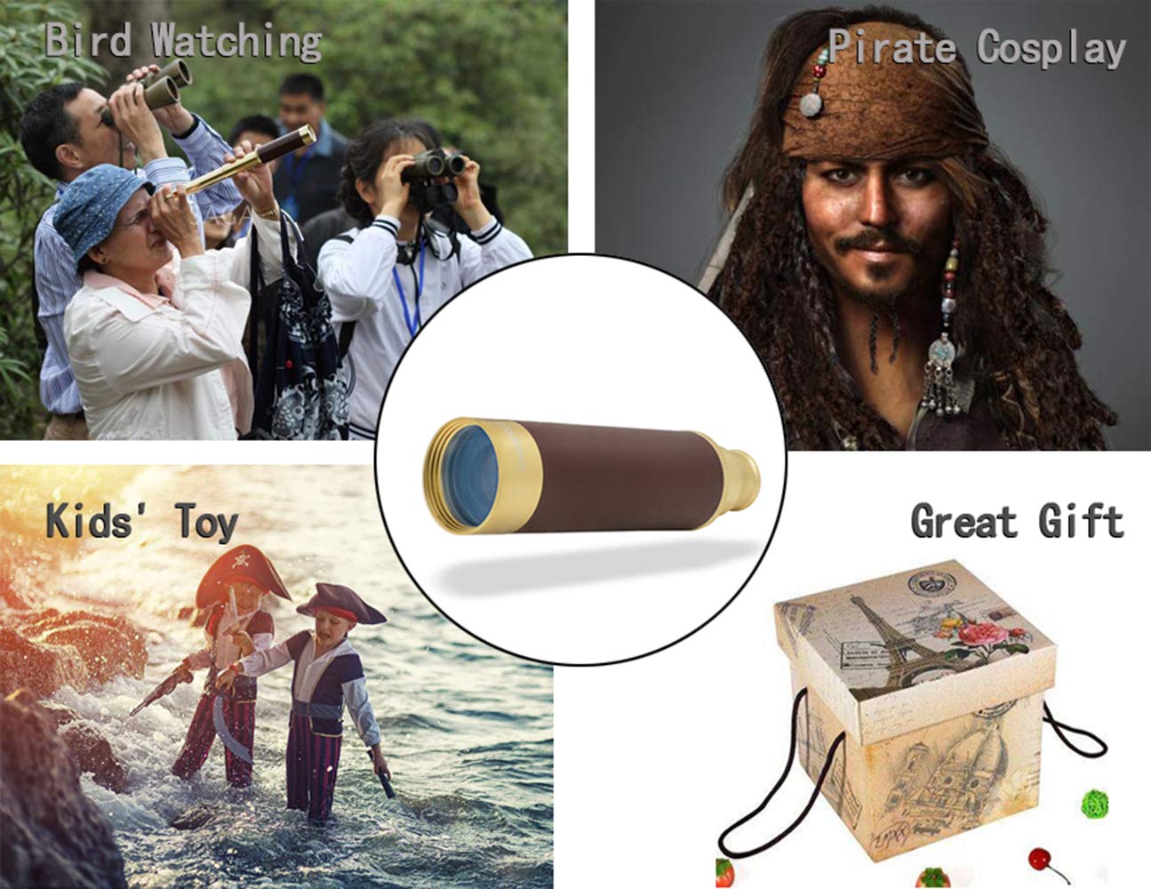 Laupha Retro Pirate Telescope 25X30 Spyglass Portable Collapsible Handheld Telescope Zoom Vintage Monocular Classical Collection Compass For Camping Hunting Boating