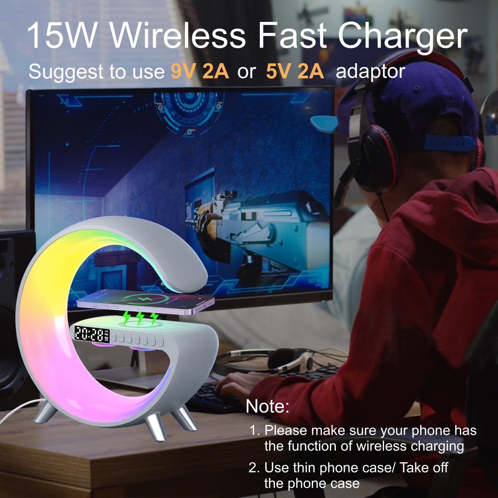 Treligate Table Lamp With Wireless Charger, Atmosphere Lamp With White Noise, Smart Light Sound Machine, Bluetooth Speaker With Alarm Clock, App Control Night Light Lamp For Bedroom【Large G Nh-69】