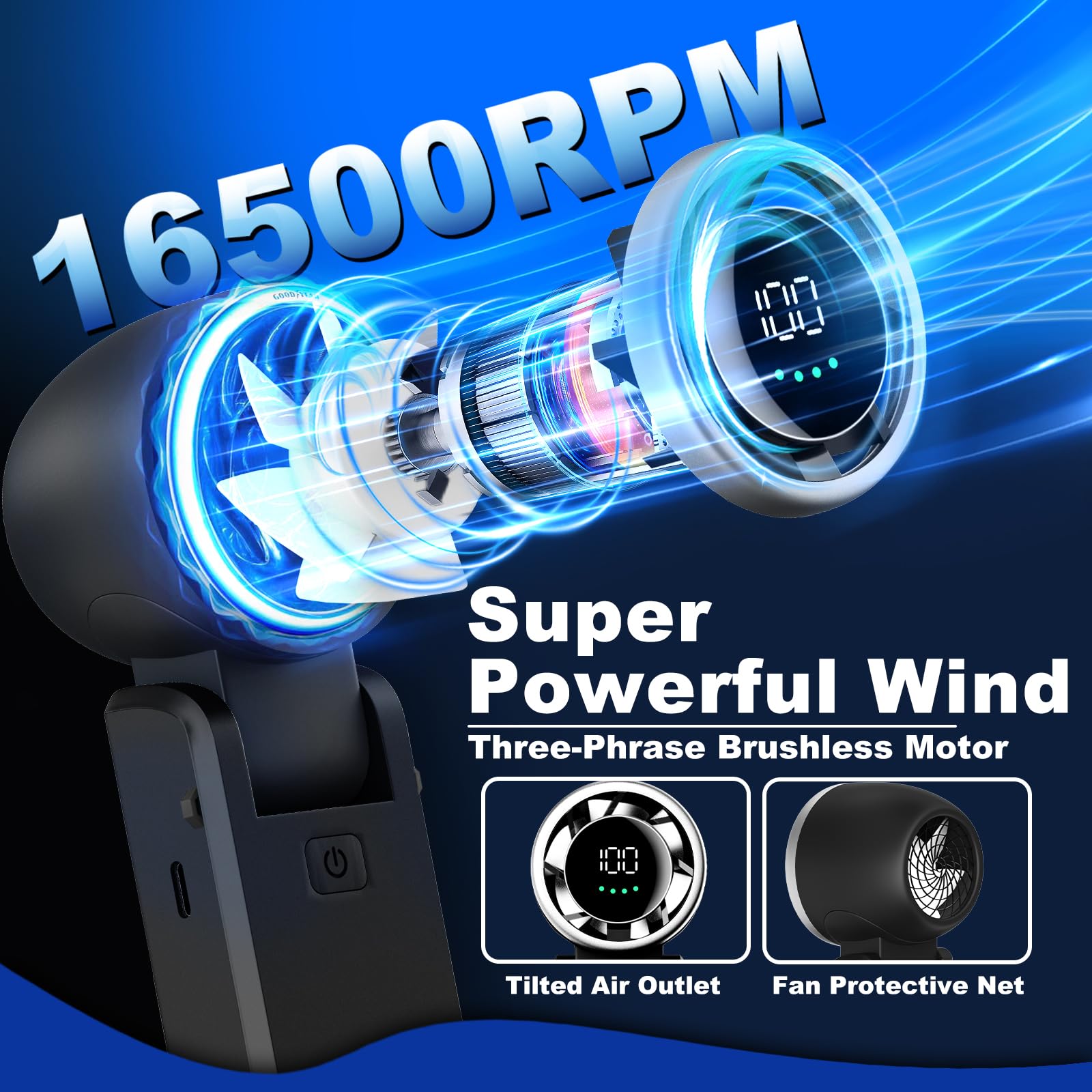 Portable Handheld Turbo Fan, 100 Gear Wind, 3-In-1 Handheld Mini Fan Foldable W' Air Turbo Tech Cool
