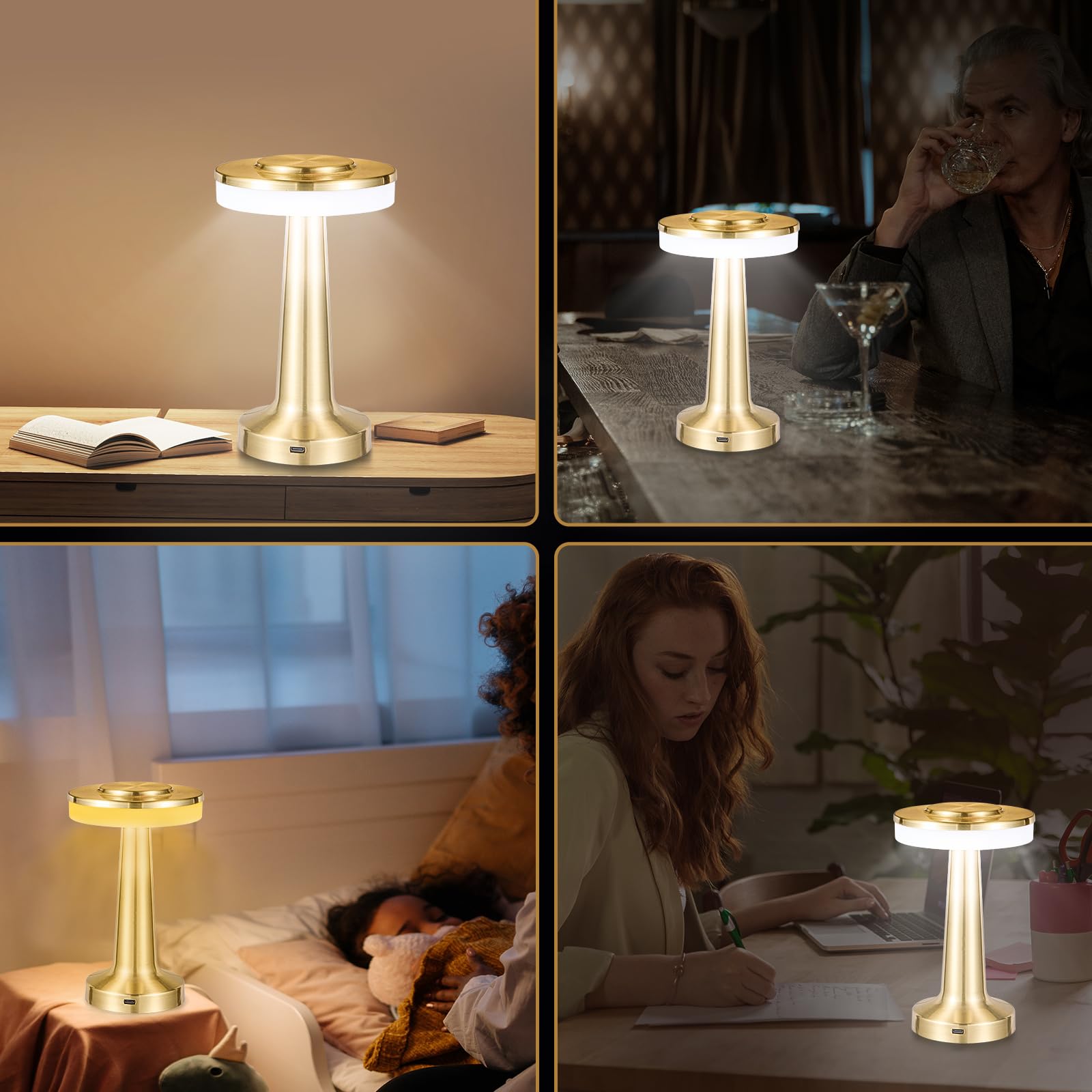 Hapygi Rechargeable Cordless Led Table Lamp ,Touch Sensor Light, Battery Operated Lamp，3-Levels Portable Dimming Lamp ,Bedside Lamp/ Night Light/Restaurant /Outdoor/Coffee /Bar (Gold)…