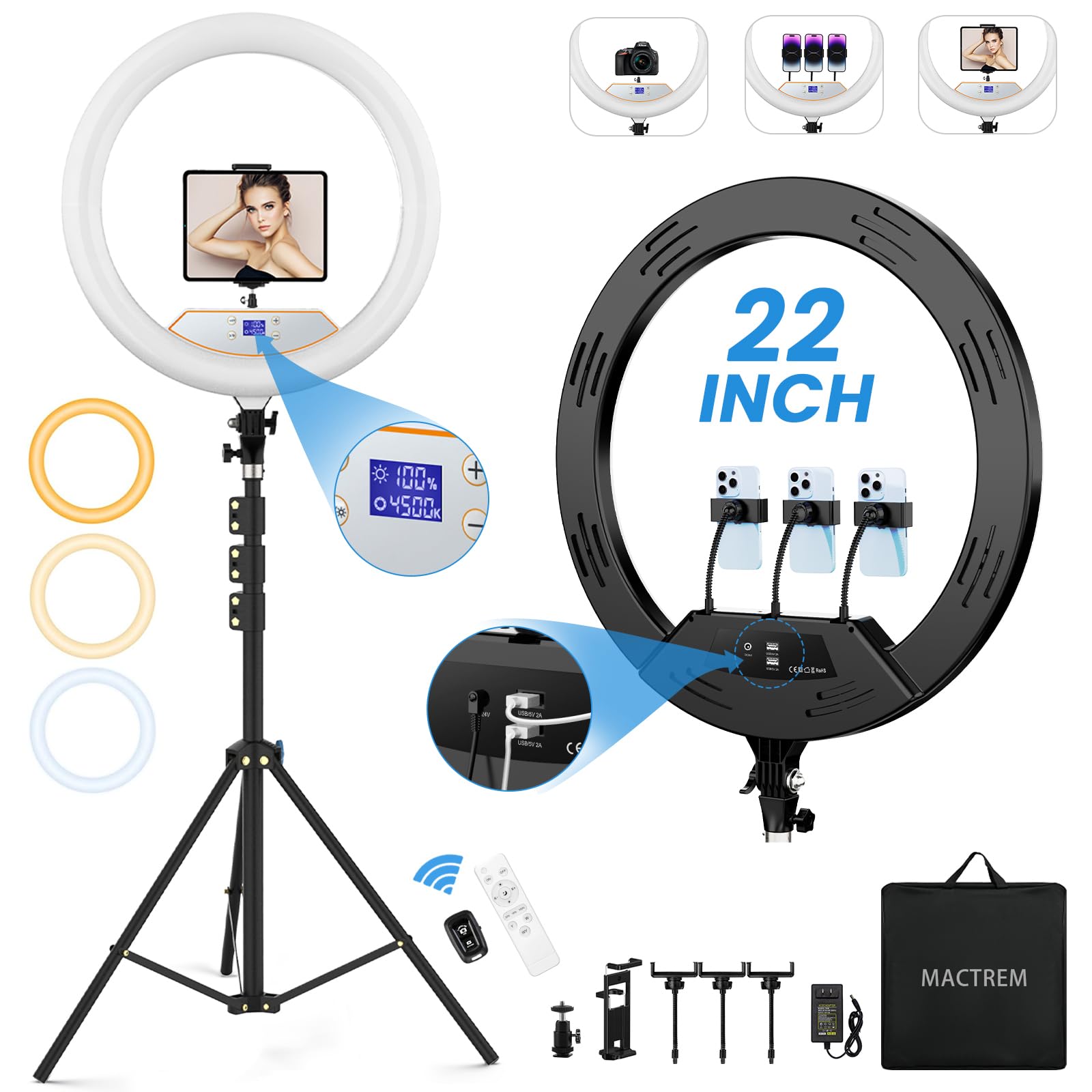 Mactrem 22'' Ring Light With 75'' Tripod Stand, Led Display/2 Usb Ports/6500K Dimmable Ring Light For Ipad Phone Holder For Tattoo Lash Live Makeup Video Recording Tiktok Barber Stylist Photography