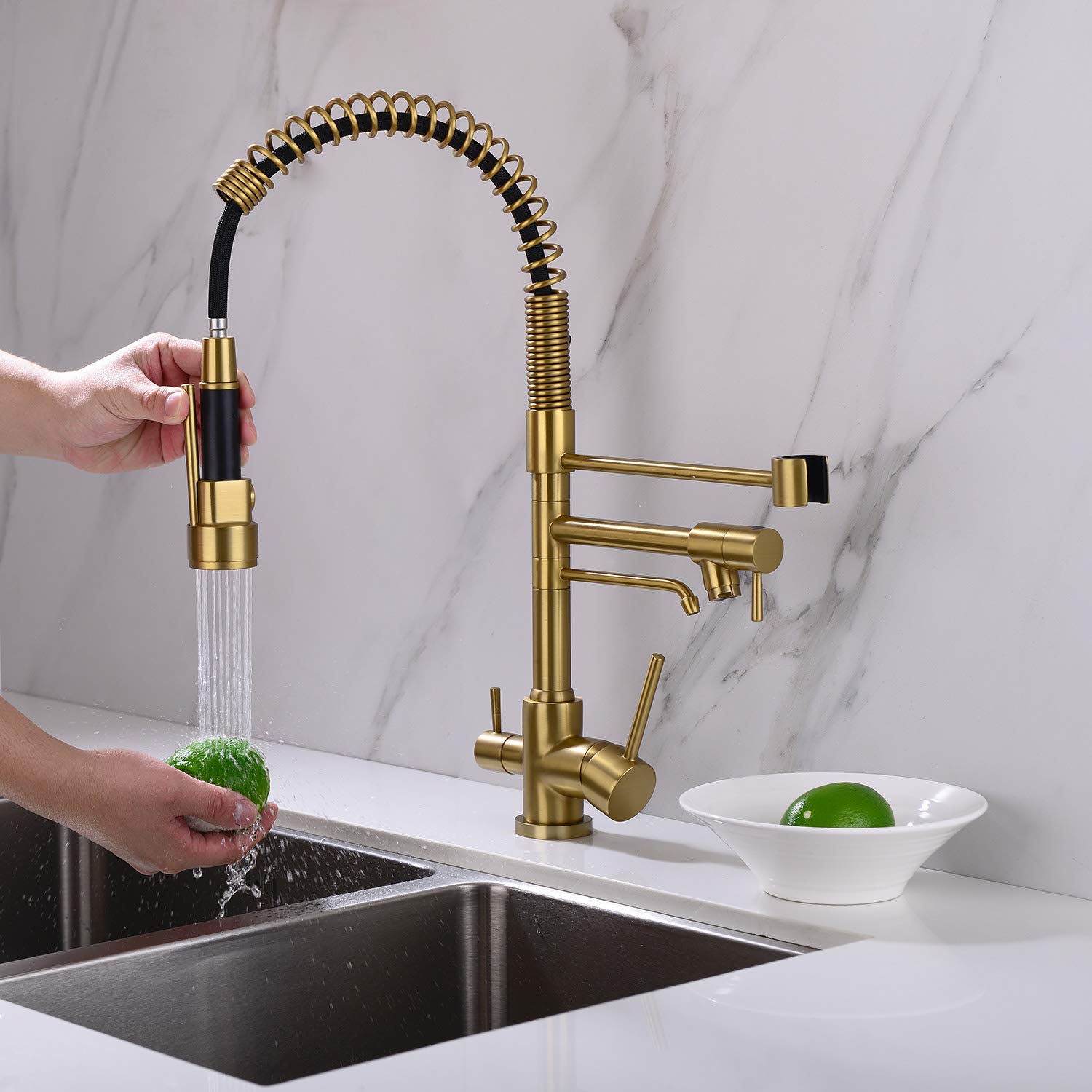 Delle Rosa Kitchen Faucet, 3 Way Drinking Water Faucet, 3 In 1 Water Purifier Faucets, High Arc And Dual Handles Commercial Kitchen Faucet Brushed Brass