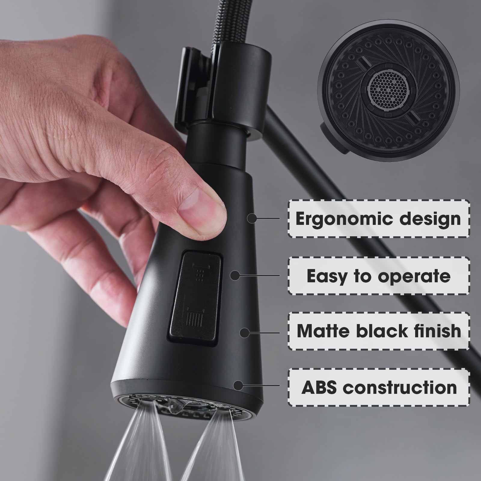 Clovermap Pull Down Kitchen Faucet Sprayer Head Replacement, 3 Mode Kitchen Tap Spray Spout Part Connector, Matte Black Pull Out Sink Spray Nozzle With 9 Adapters
