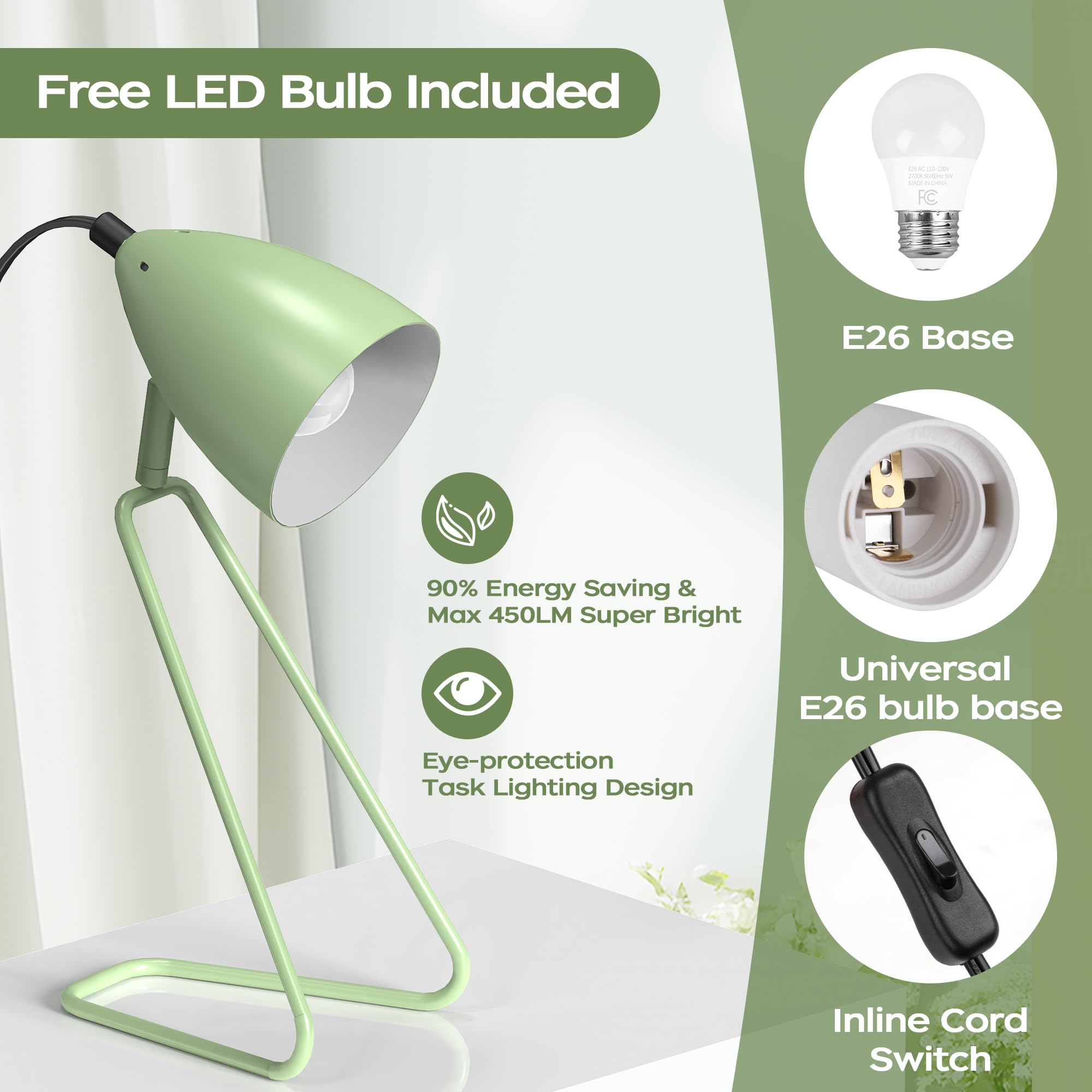 Partphoner Table Lamp Set Of 2, 350°Rotatable Small Desk Lamp, Modern Green Reading Bedside Lamps, Suitable For Study, Bedroom, Office, Dorm, Children'S Room, 2 Bulbs Included