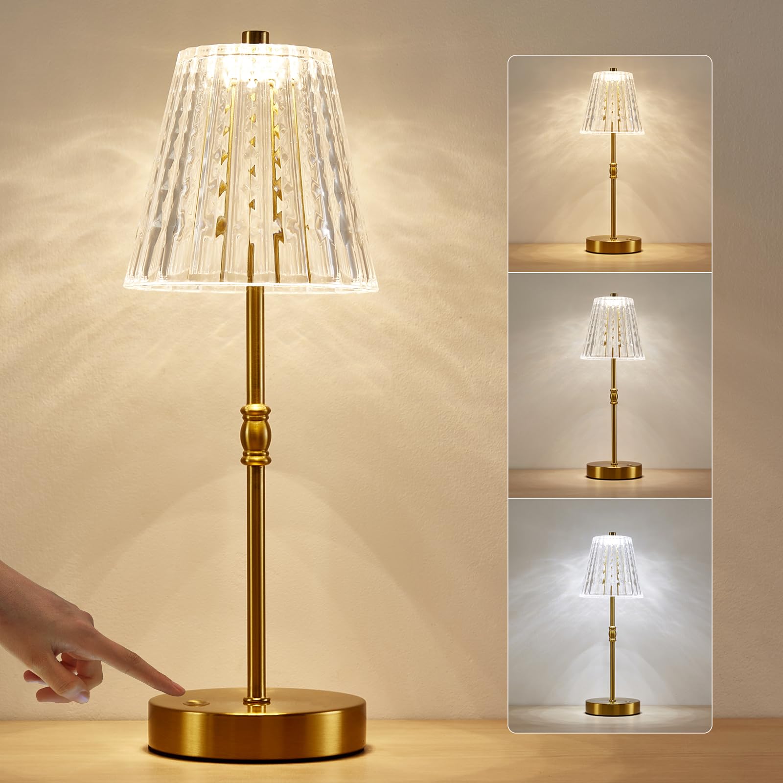 Saiweya Cordless Table Lamp, 2500Mah Rechargeable Battery Operated Portable Lamp, Dimmable+3 Colors Led Touch Control, Vintage Crystal Lamp For Bedroom, Kitchen, Bar, Office