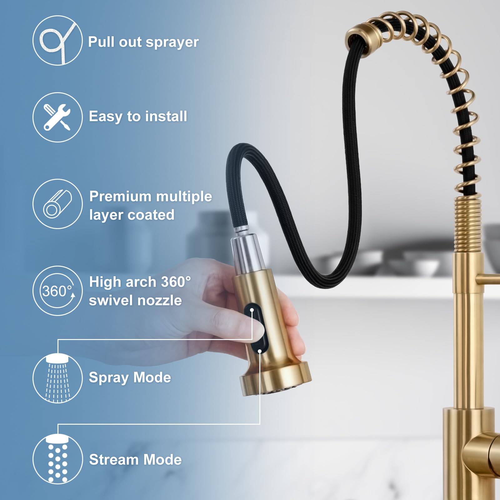 Djs Kitchen Faucets With Pull Down Sprayer Brushed Gold -Single Handle 1 Or 3 Holes Spring Kitchen Sink Faucet With Deck Plate For Farmhouse Rv Vessel Basin