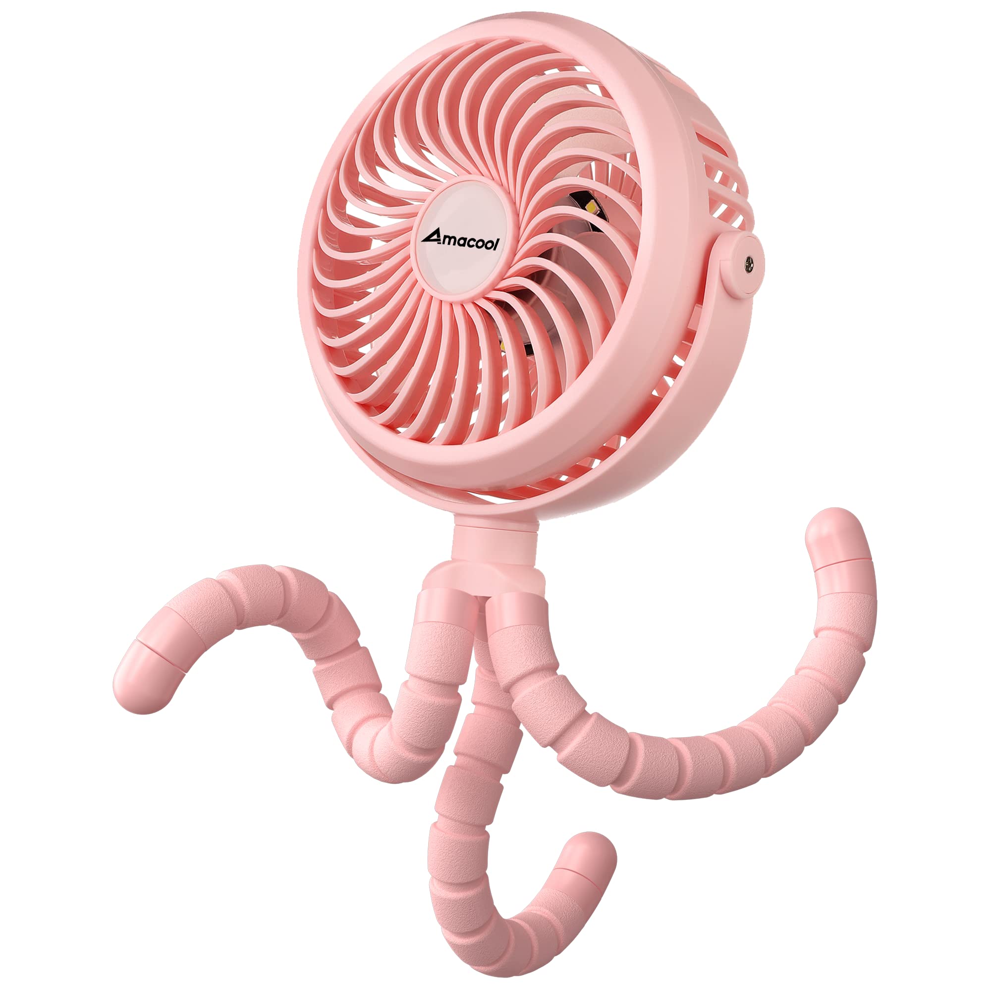 Amacool stroller fan with flexible tripod and clip-on design, battery operated with 3 adjustable speeds