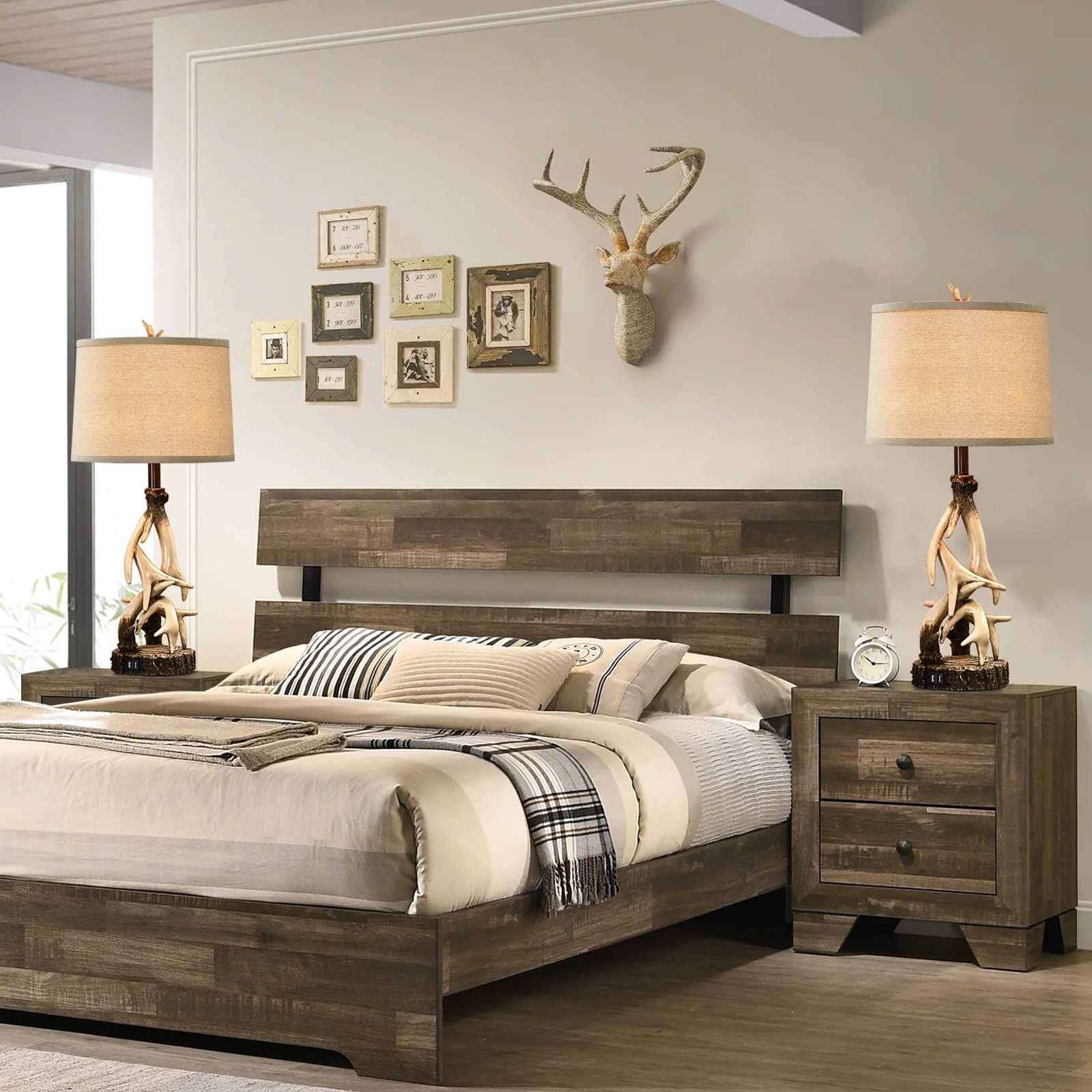 Huitico 28" Farmhouse Table Lamp For Living Room, Western Rustic Lamp With Usb Charging Ports Country Cabin Bedside Antler Lamps For Bedroom Foyer Office Vintage Rotary Control Single Brown- Bulb Not Included