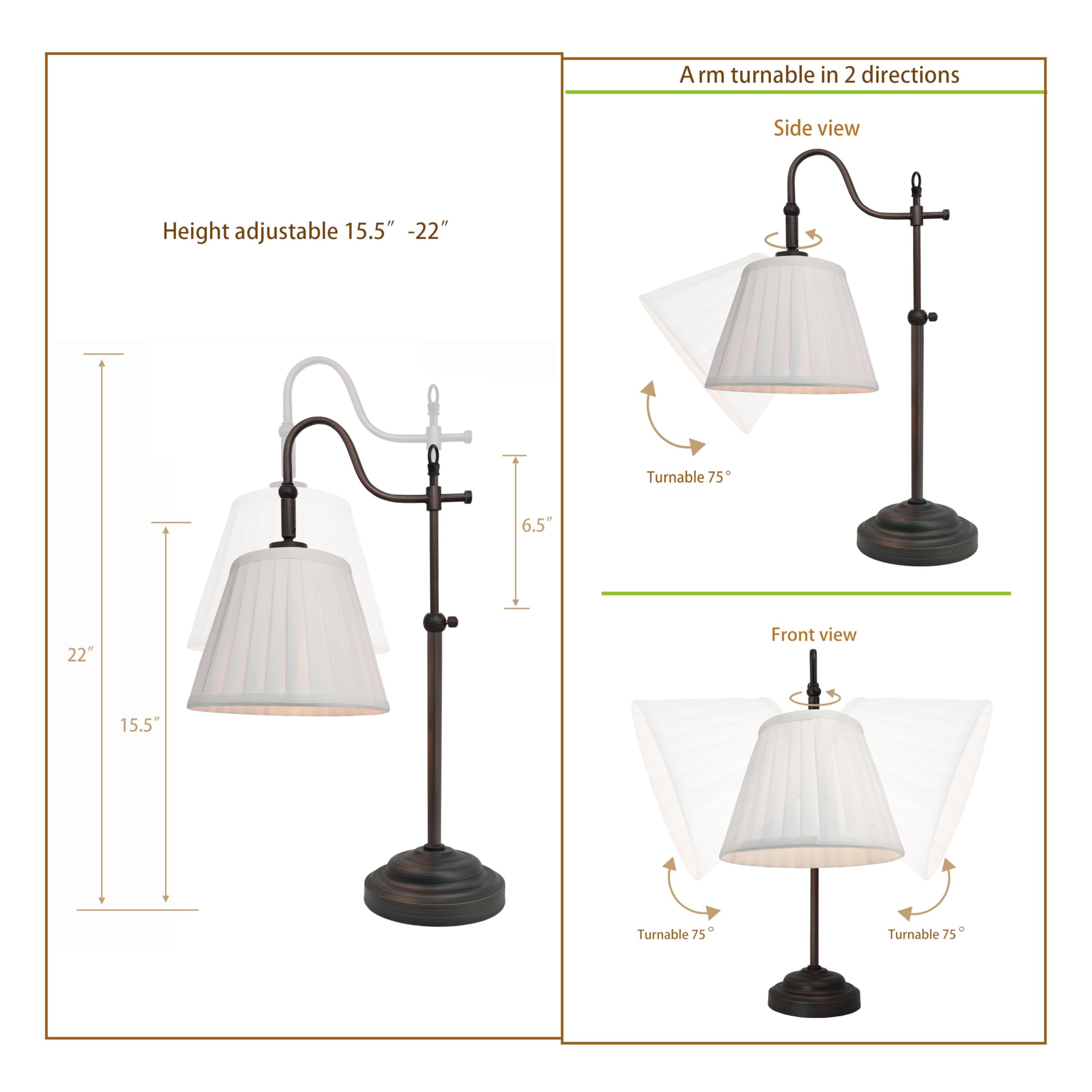 Timex Objects Farmhouse Table Lamps For Living Room, Rustic Desk Lamp With Adjustable Height, Industrial Reading Vintage Light With Pleated Fabric Lampshade For Bedroom,E26