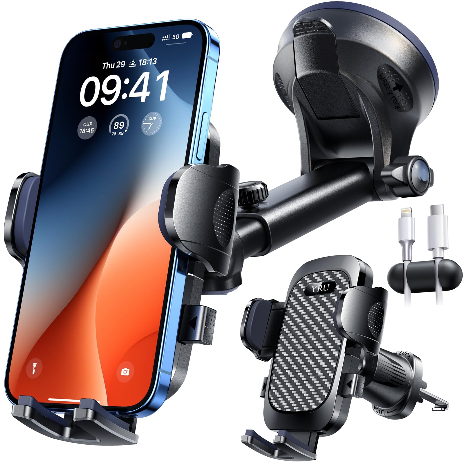 Yru [True Military-Grade & 360 Degrees Rotatable Suction]  Ultimate Car Phone Holder Mount 【90+Lbs Safest Strongest & Patent Certs】Dashboard Windshield Vent For Iphone 16 15 Pro Max Samsung, Black